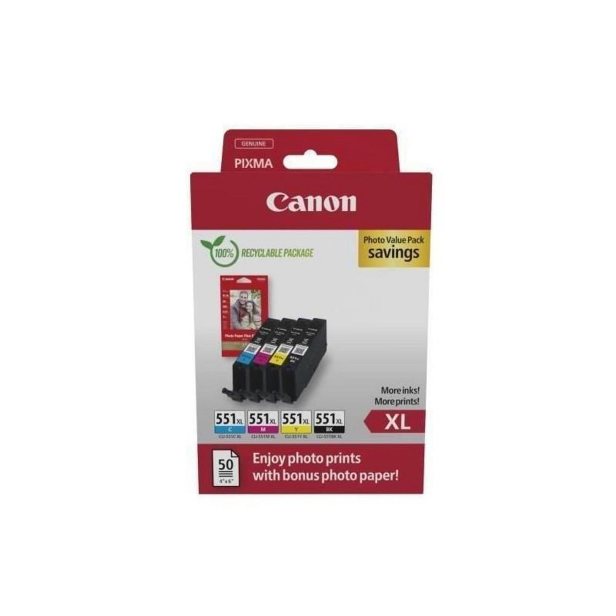 Canon Multipack cartouches d'encre + pack papiers photo - CANON - CLI-551XL Noir/Cyan/Magenta/Jaune - Haut rendement