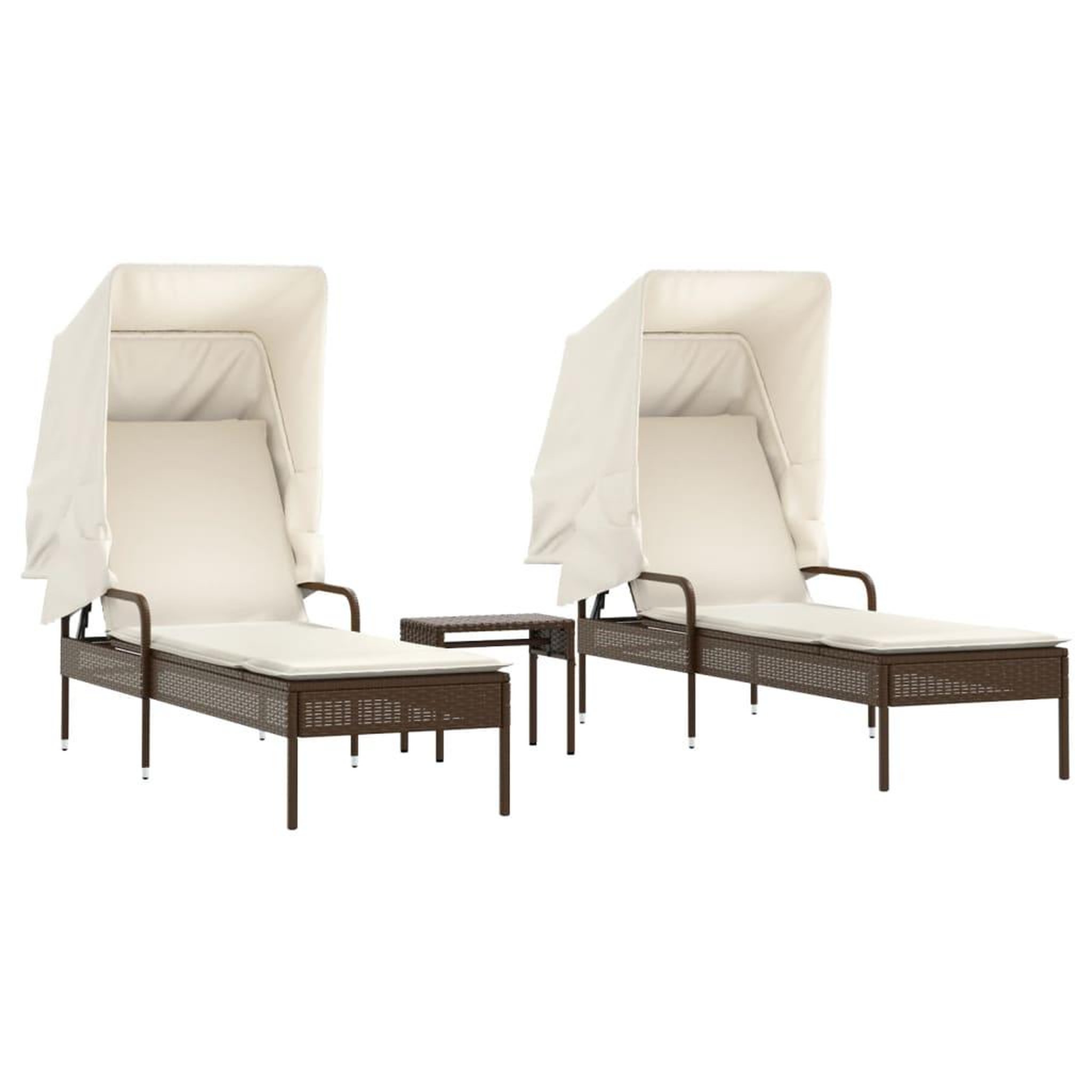 Voir la diapositive 2 : VIDAXL Chaises longues lot de 2 et auvents et table marron poly rotin