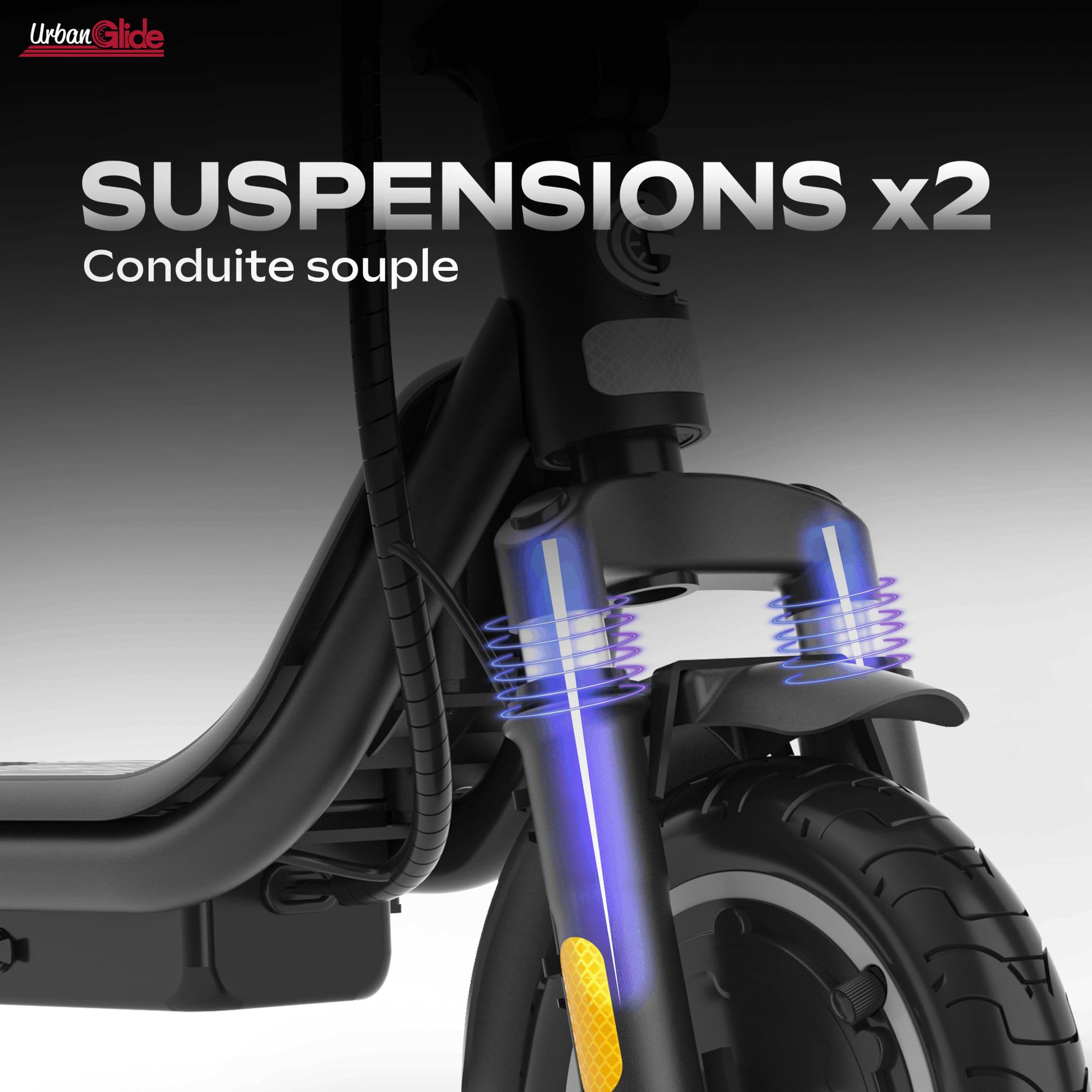 Voir la diapositive 5 : URBANGLIDE 85 evo – poids 15kg – pneu 8,5  gonflable – trottinette électrique urbanglide – autonomie jusqu'a 15 km – batterie 25.2v