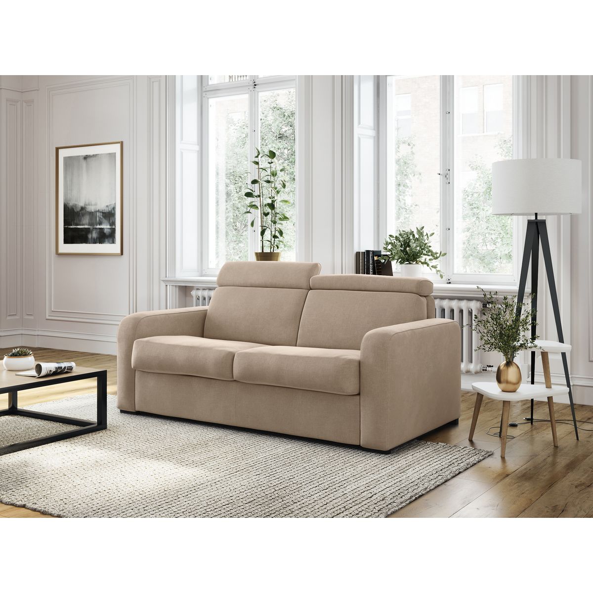 Canapé système couchage rapide 3 places en tissu naturel CAROLE