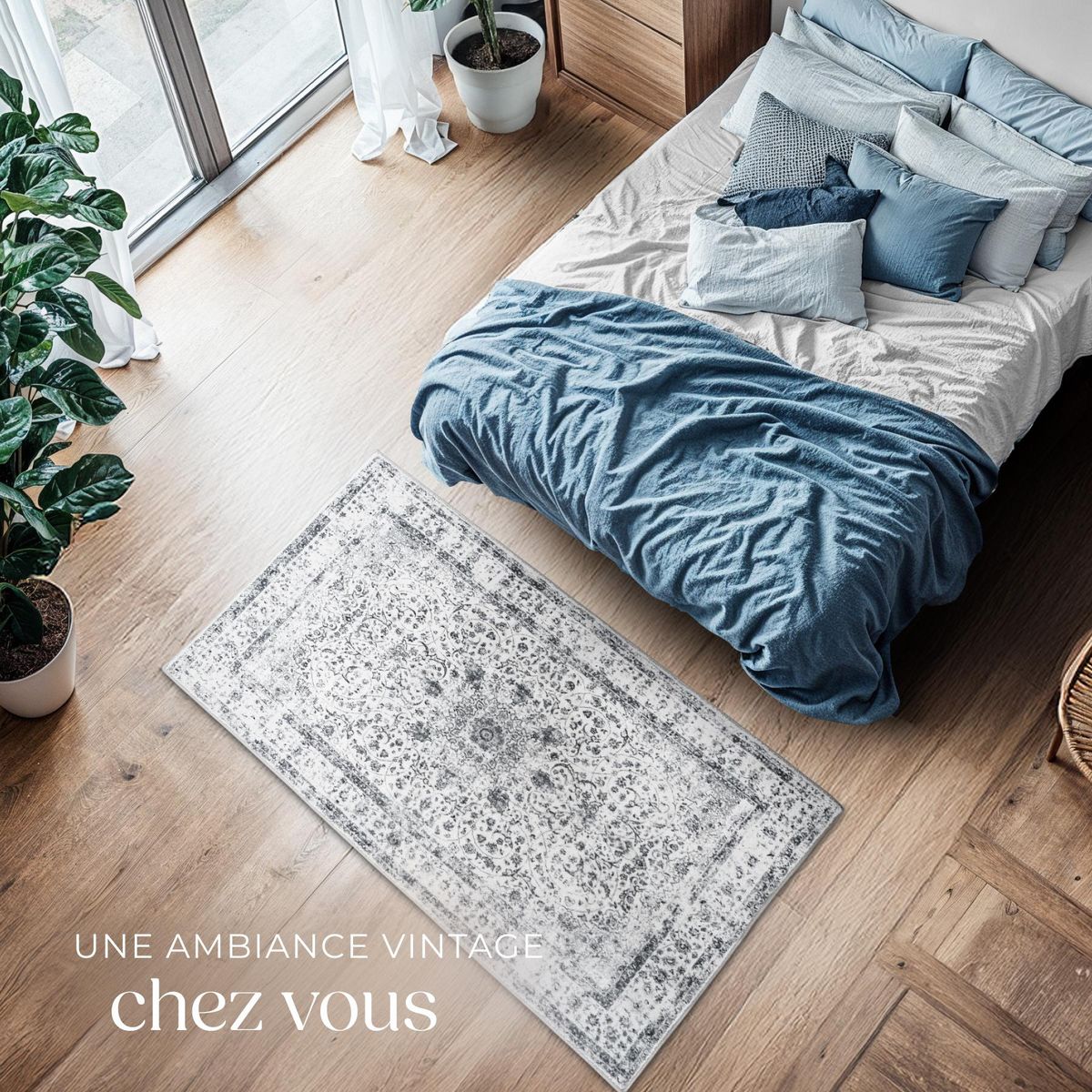 tectake Tapis design vintage à poils courts en laine synthétique et feutre gris 80 x 150 cm