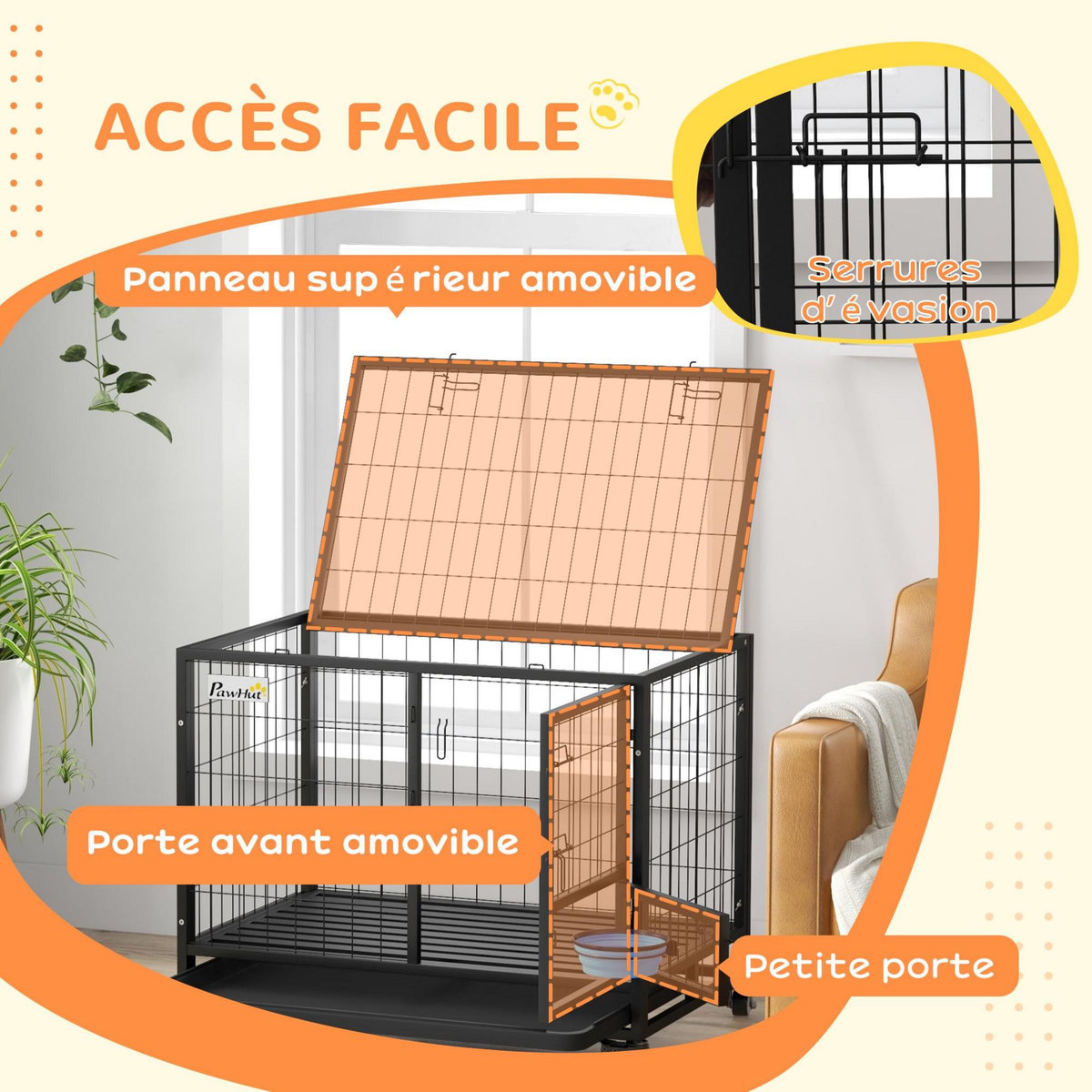 PAWHUT Cage pour chien sur roulettes 2 portes verrouillables - support gamelle, plateau amovible - acier noir