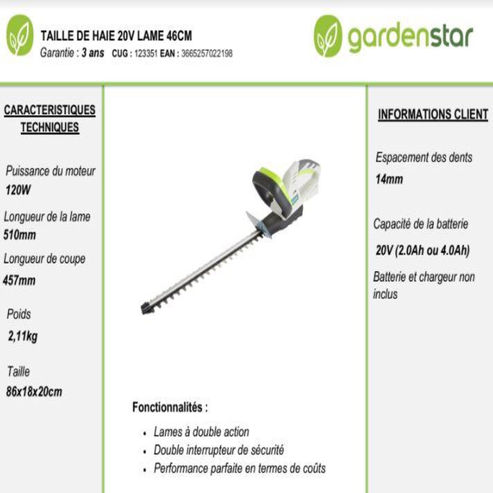 Voir la diapositive 3 : GARDENSTAR Taille haies sans fil sur batteries de 20V