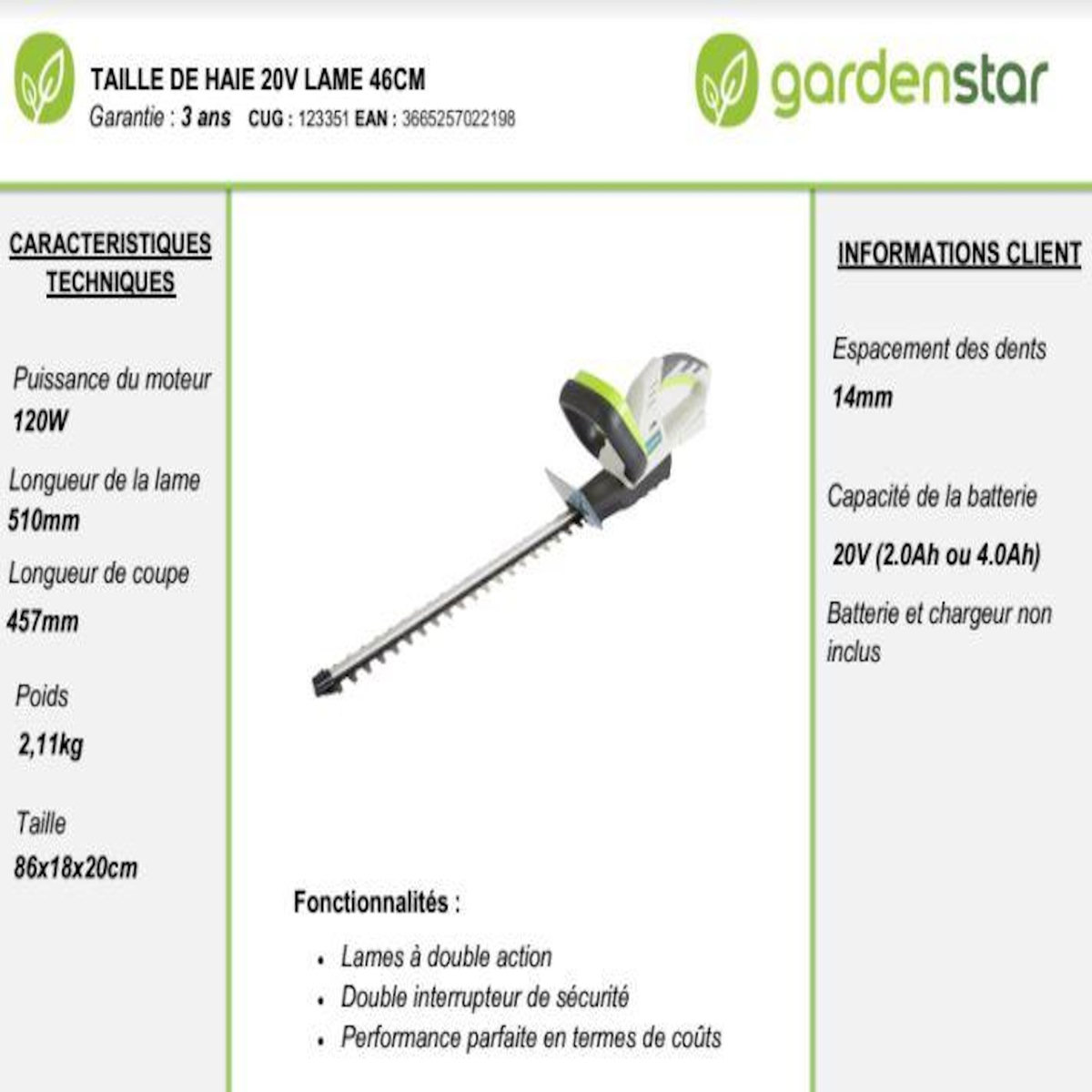 GARDENSTAR Taille haies sans fil sur batteries de 20V