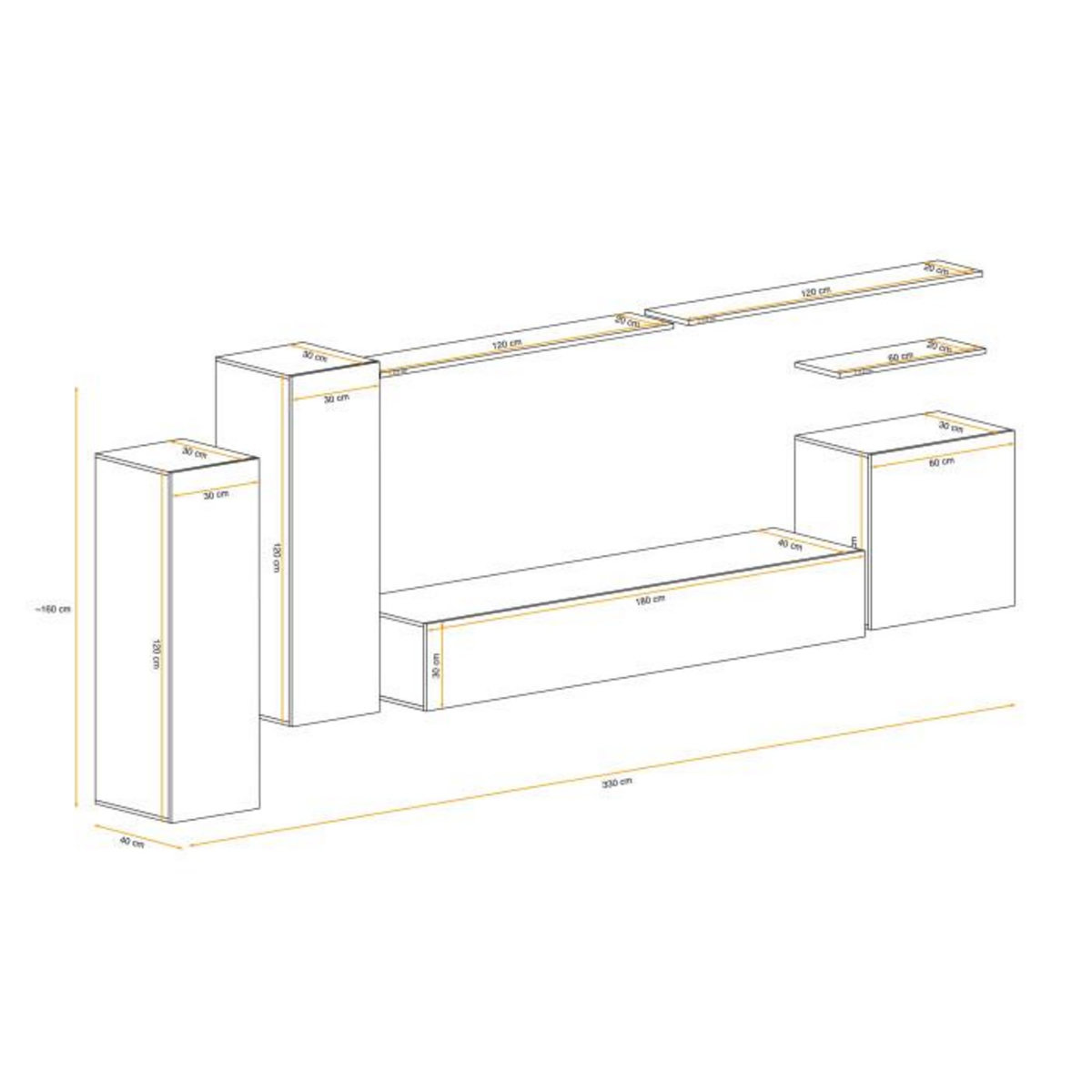 Paris Prix Meuble TV Mural Design  Switch I  330cm Gris & Naturel