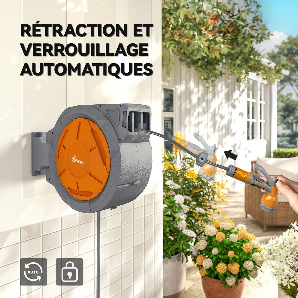OUTSUNNY Dévidoir mural enrouleur automatique pivotant 180° tuyau 30+2m avec pistolet arrosage support mural intégré orange gris