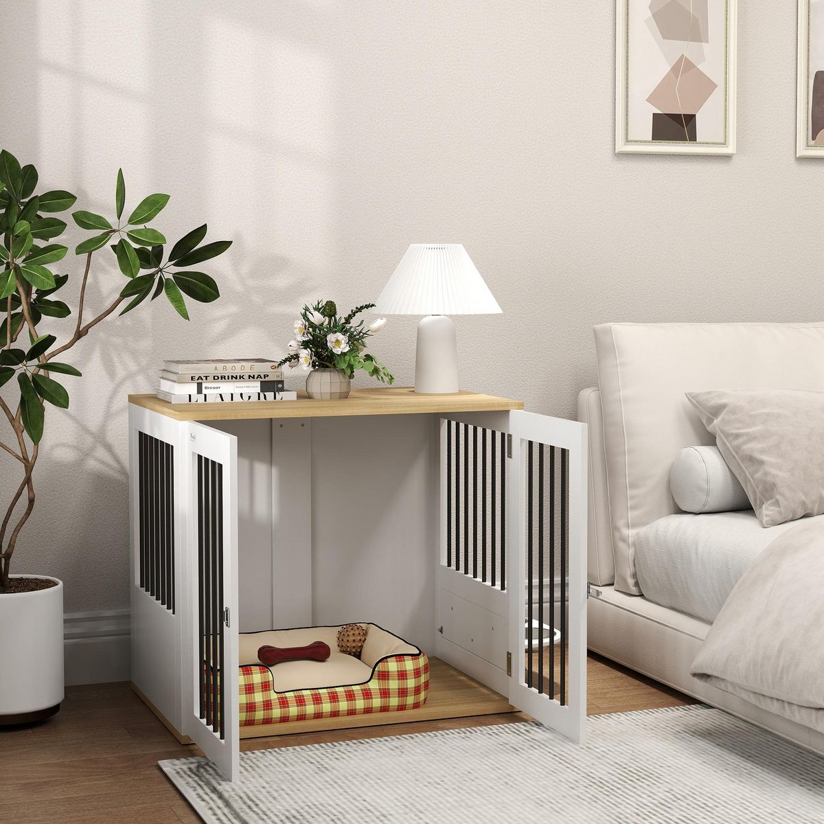 PAWHUT Cage pour chien en bois - 2 portes verrouillables, 2 gamelles rotatives  - 80 x 55 x 71 cm - blanc effet bois clair