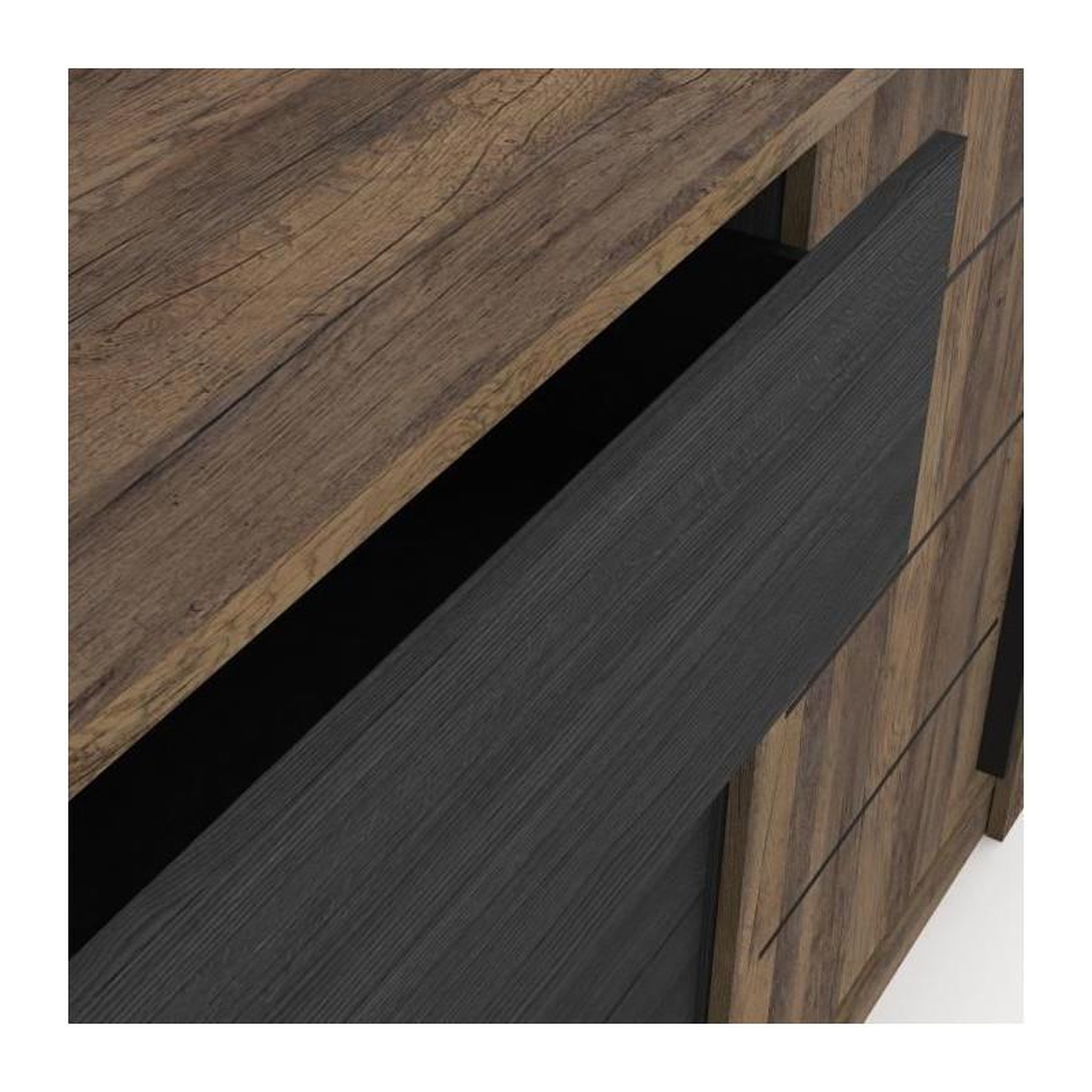 Voir la diapositive 5 : Demeyere Enfilade MONACO - Décor chene et noir - 2 Portes coulissantes + 3 Tiroirs - L206 x P44,9 x H94 cm - CBA MEUBLES