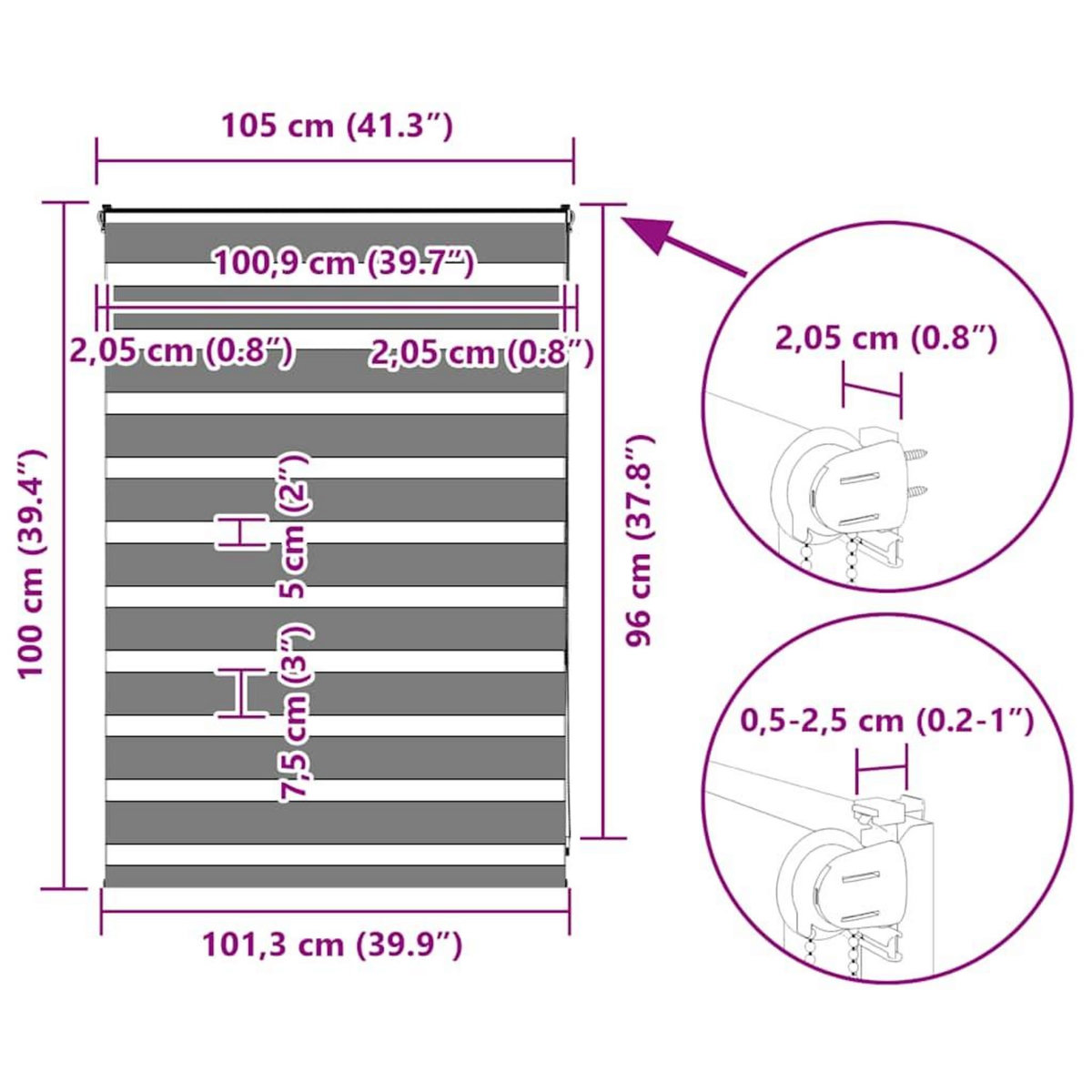 VIDAXL Store zebre gris fonce largeur du tissu 100,9 cm polyester