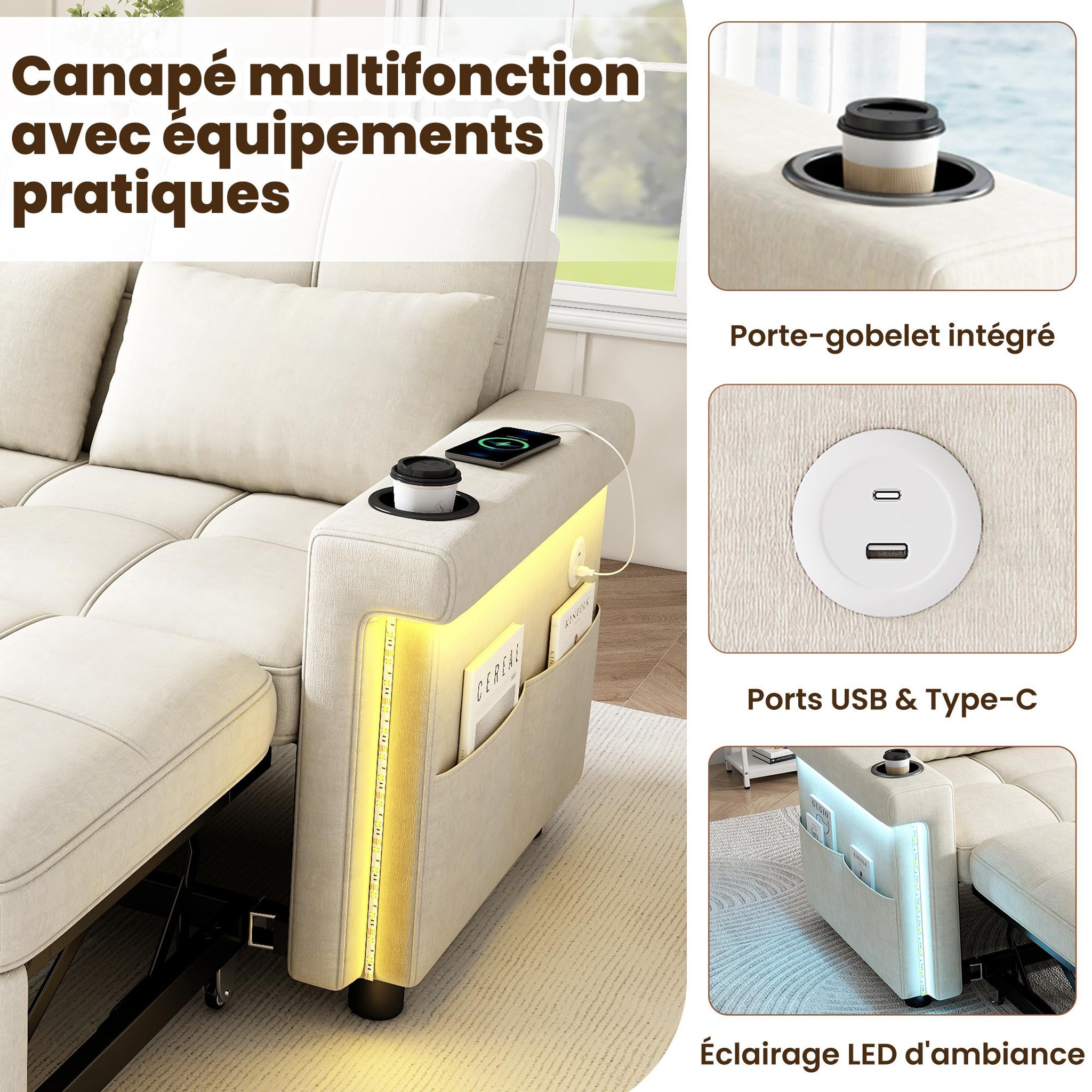 Voir la diapositive 6 : MERAX Canapé convertible 2 places avec dossier réglable et ports usb type-c tissu chenille