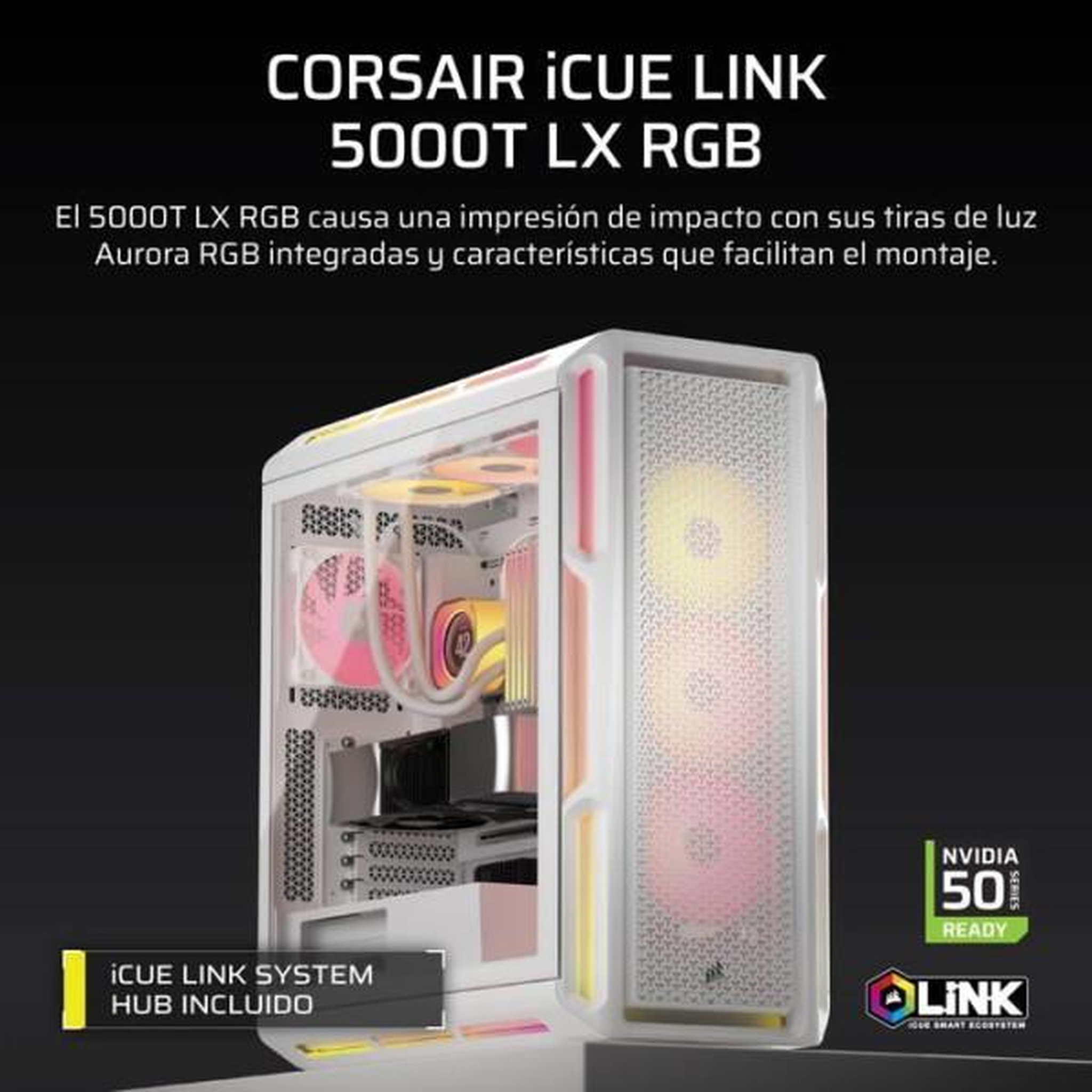 Voir la diapositive 2 : Corsair Boîtier pc atx - corsair - 5000t lx rgb - 3 ventilateurs lx120 rgb - éclairage aurora rgb - blanc