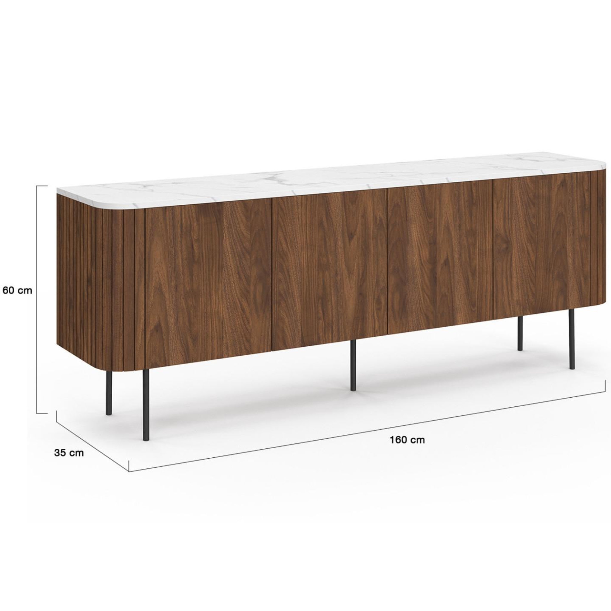 Voir la diapositive 5 : ID MARKET Buffet bas 160 cm marla 4 portes effet noyer et lattes et plateau marbre blanc alaska