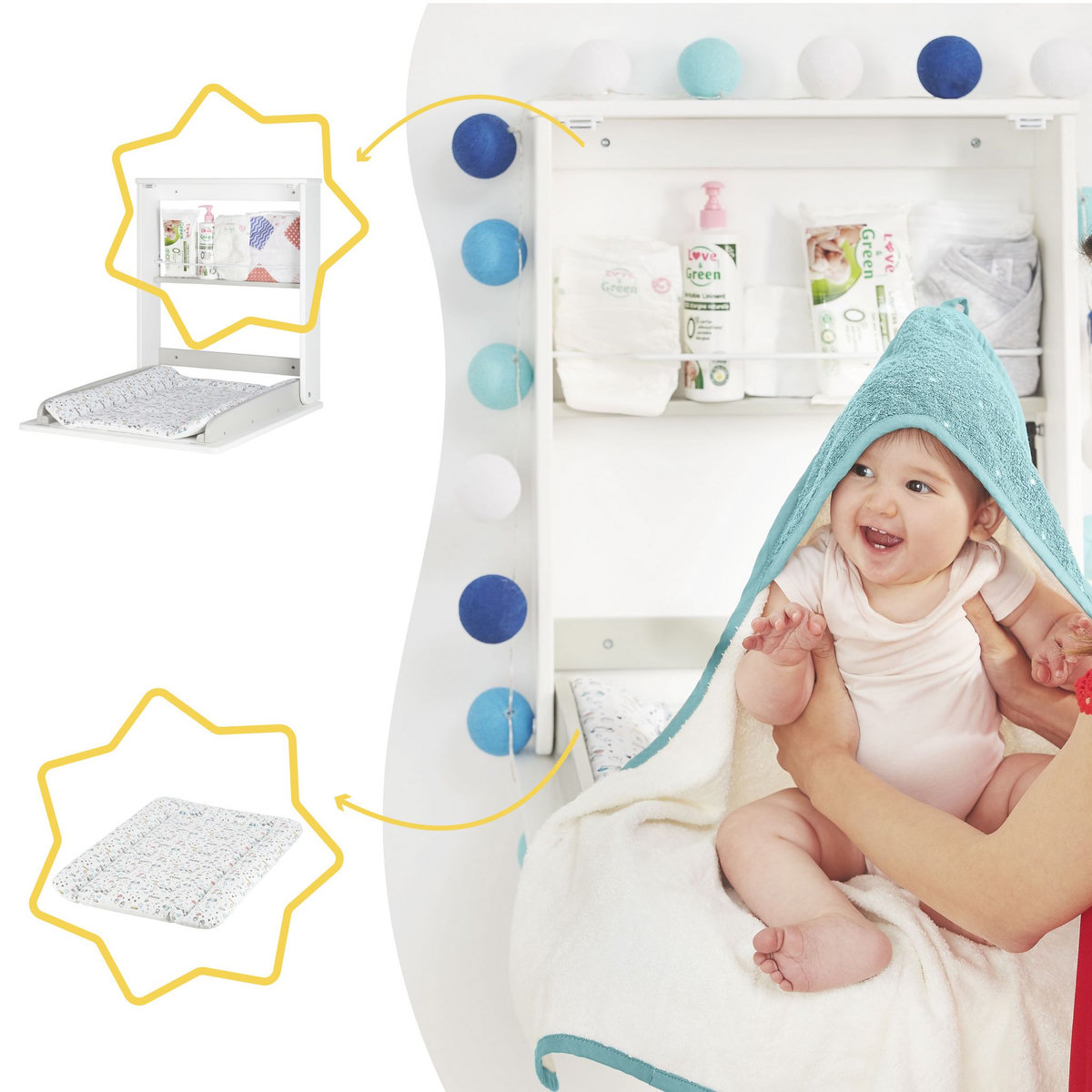 BADABULLE Table à langer murale Plouf compacte avec matelas à langer