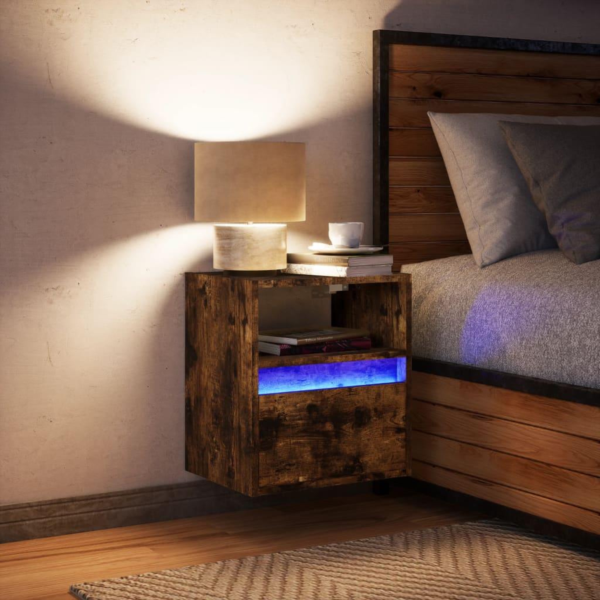 Voir la diapositive 4 : VIDAXL Table de chevet murale avec lumieres LED chene fume