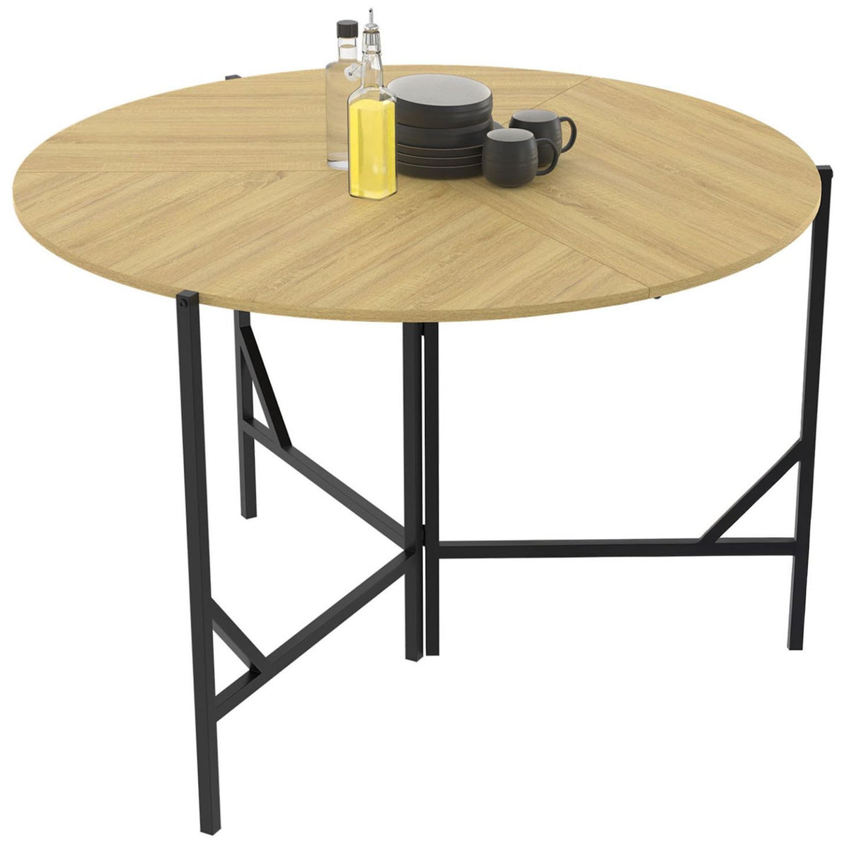 ID MARKET Table à manger pliante ronde YAEL 4 personnes bois et noir design industriel 110 cm