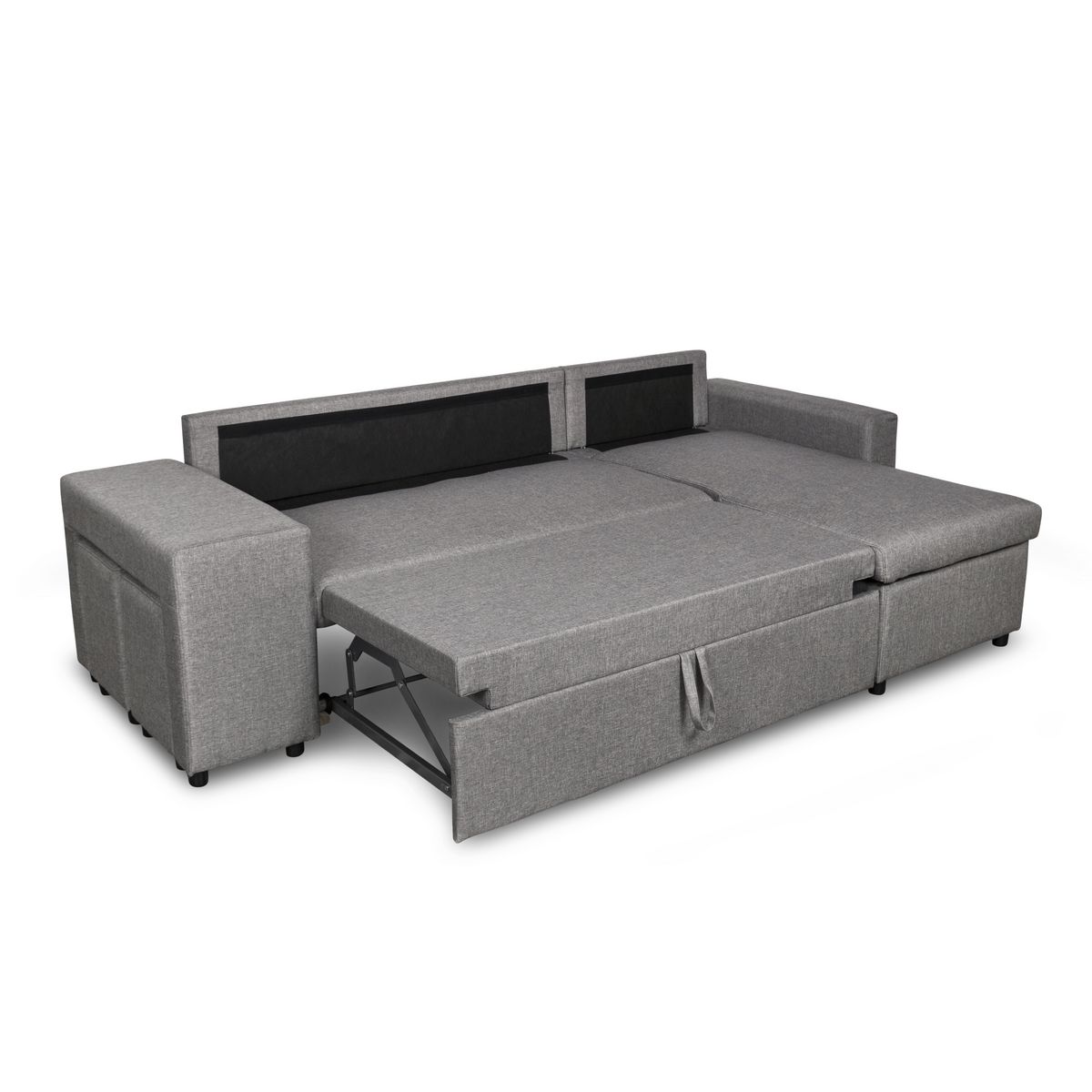  Canapé 3 places d'angle Droit convertible avec coffre Microfibre gris tissu + 2 poufs inclus ANETTA
