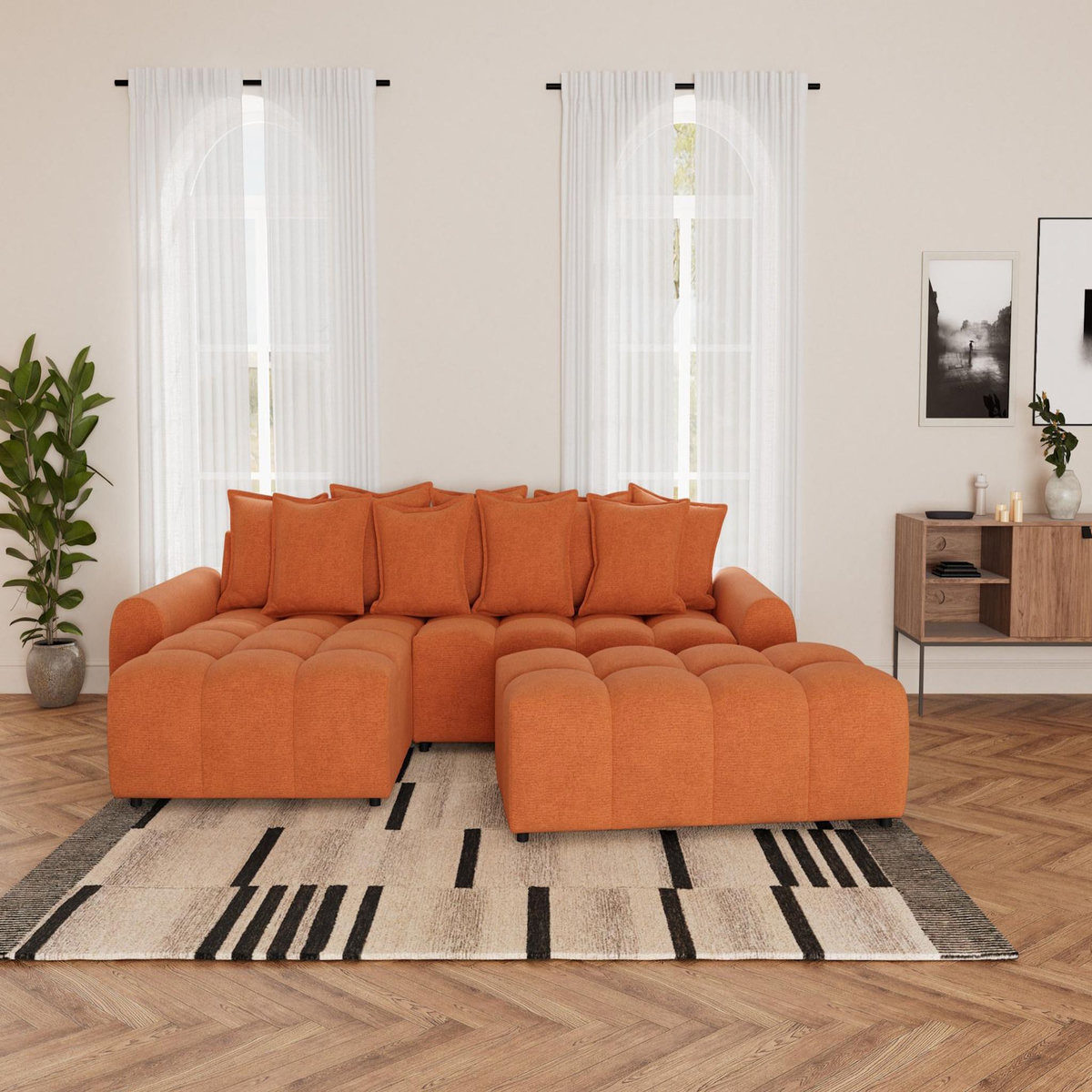 LISA DESIGN Adelaide - canapé d'angle réversible 4 places avec pouf d'appoint en tissu texturé