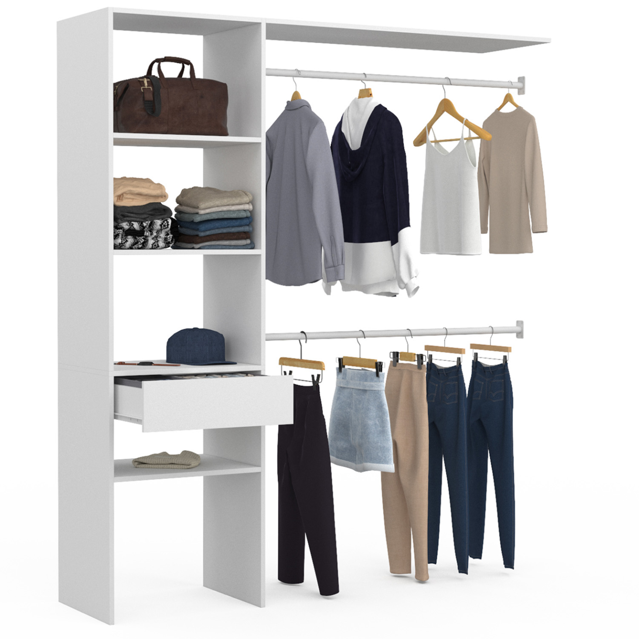 ID MARKET Kit dressing meline 160 x 40 x 180 cm blanc avec étagères + tiroir + double penderie