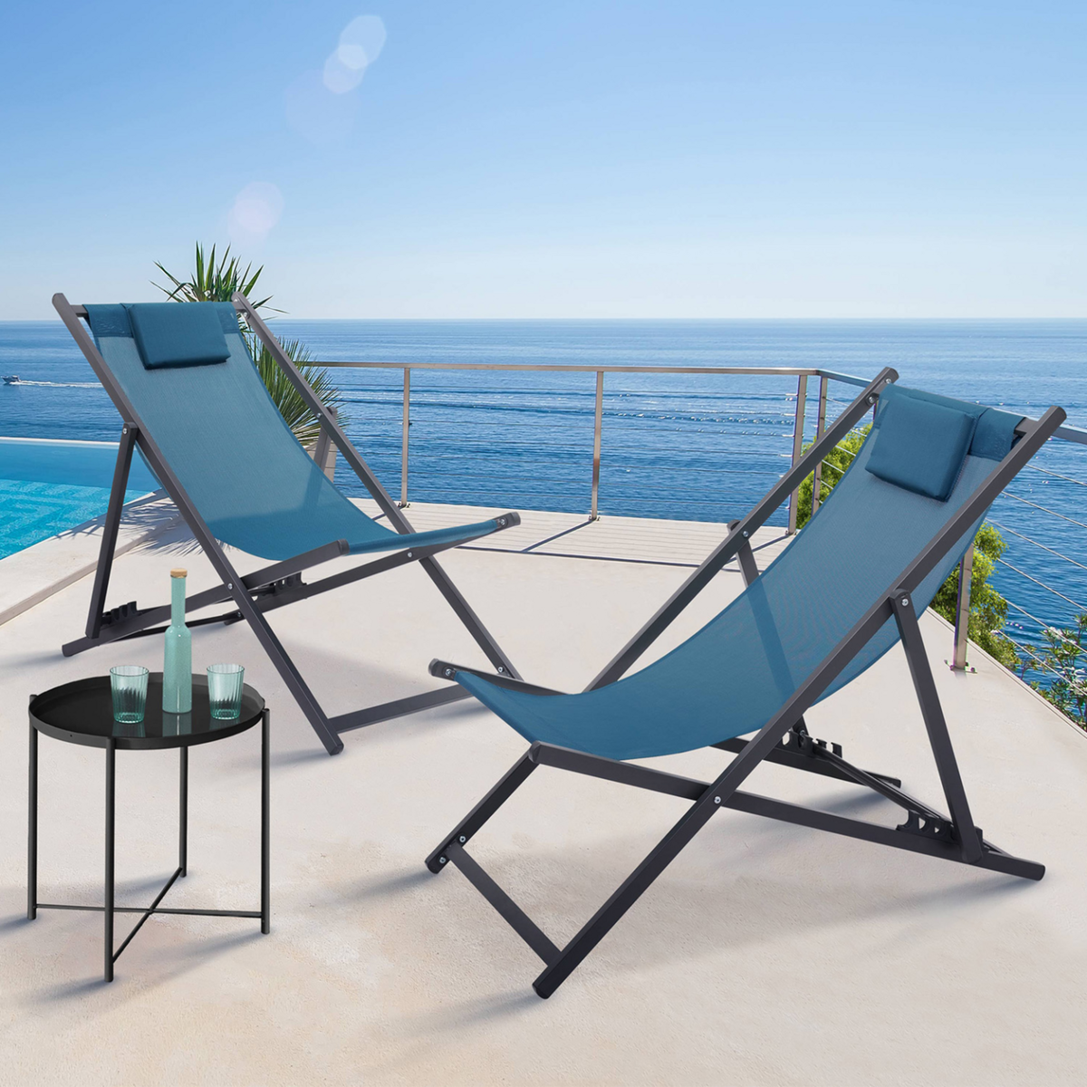 ID MARKET Lot de 2 chiliennes LOTA en acier et toile textilène bleu canard