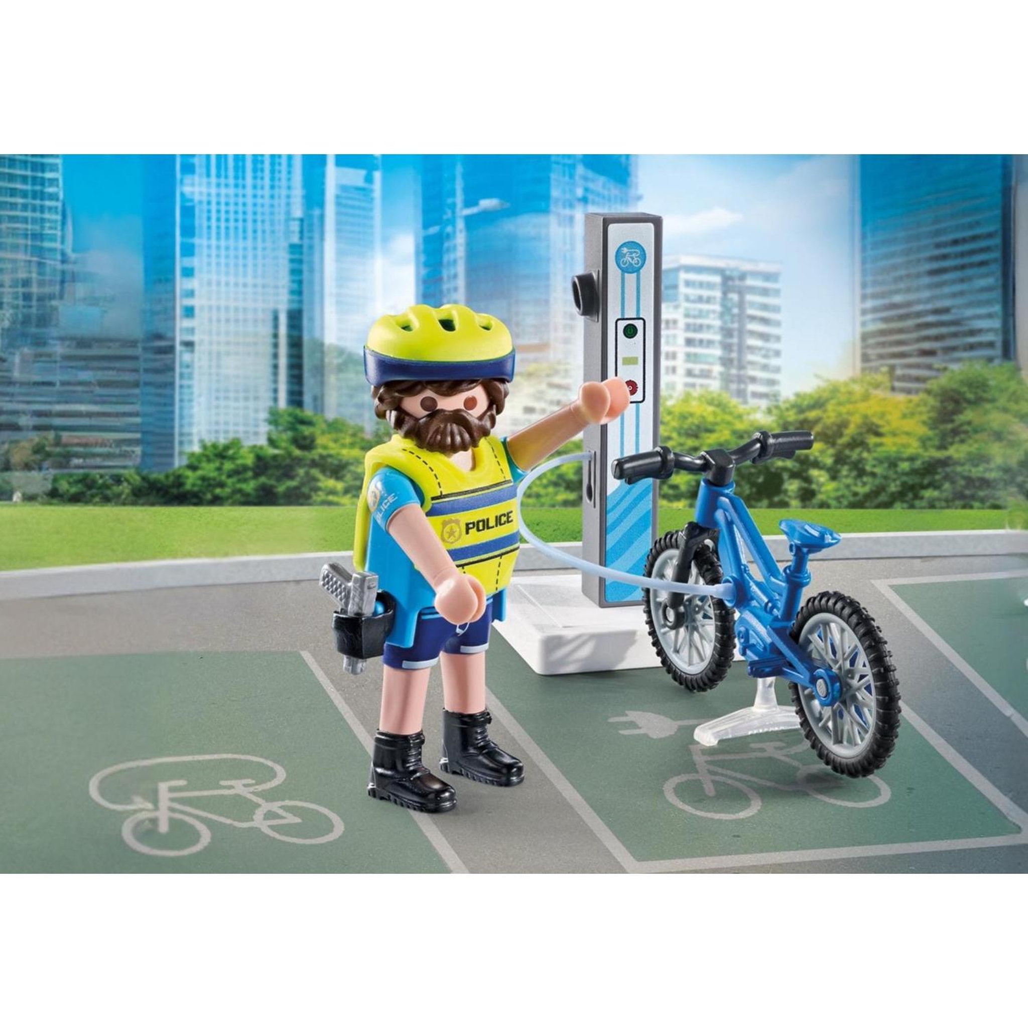 Voir la diapositive 3 : PLAYMOBIL Action Heroes Policier cycliste et borne de recharge électrique