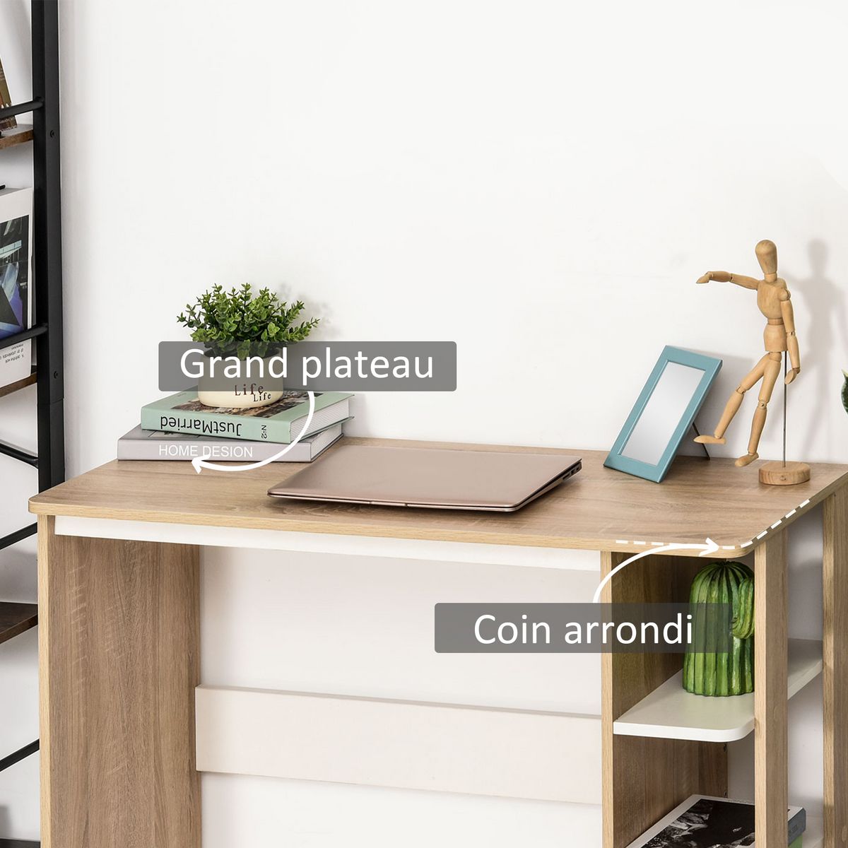 HOMCOM Bureau informatique multimédia dim. 100L x 44l x 74H cm 3 étagères latérales panneaux particules E1 chêne clair blanc