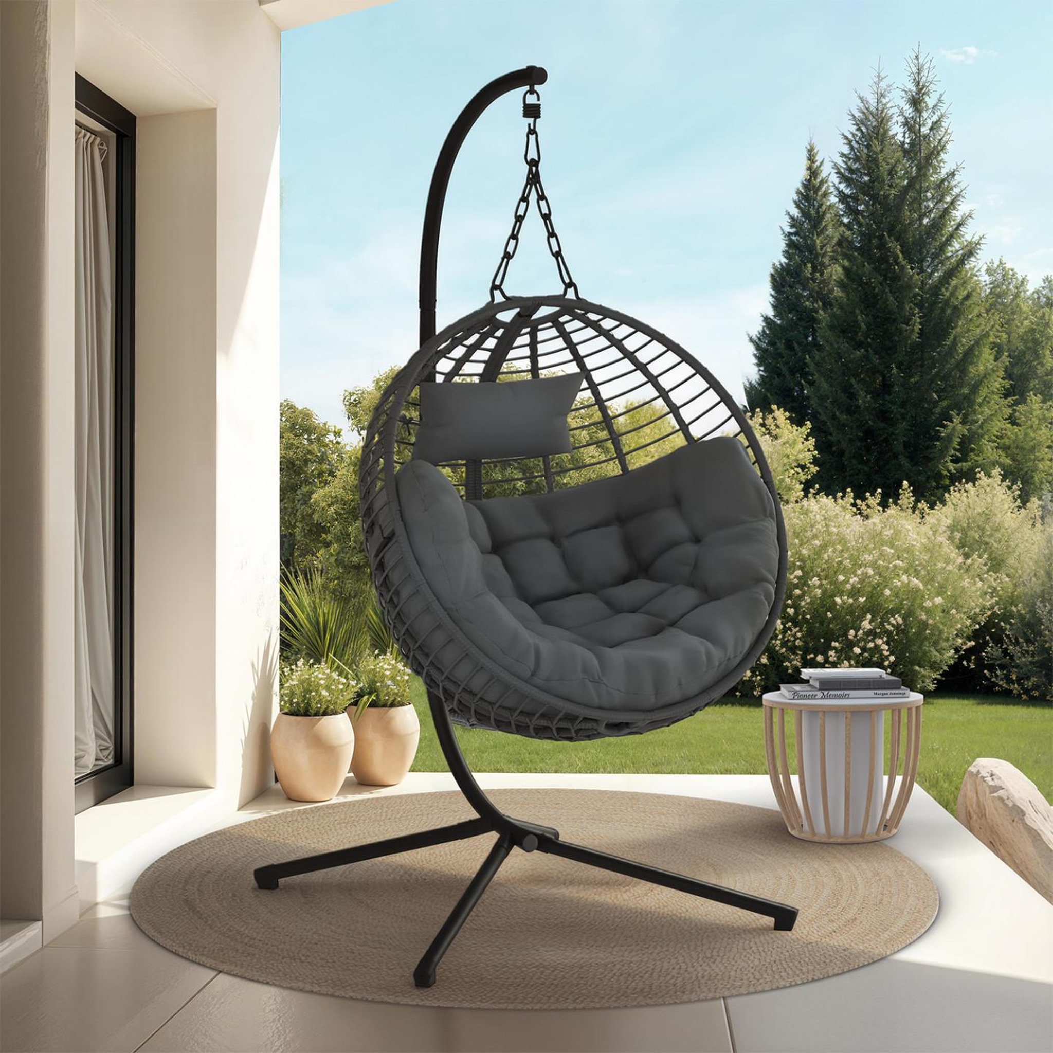 Voir la diapositive 2 : ID MARKET Fauteuil rond suspendu ajouré effet rotin gris avec coussin gris