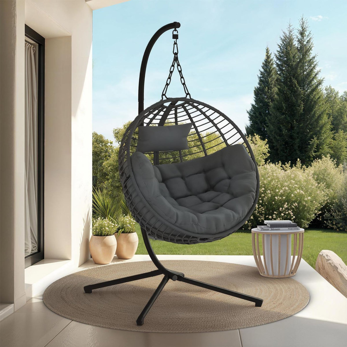 ID MARKET Fauteuil rond suspendu ajouré effet rotin gris avec coussin gris