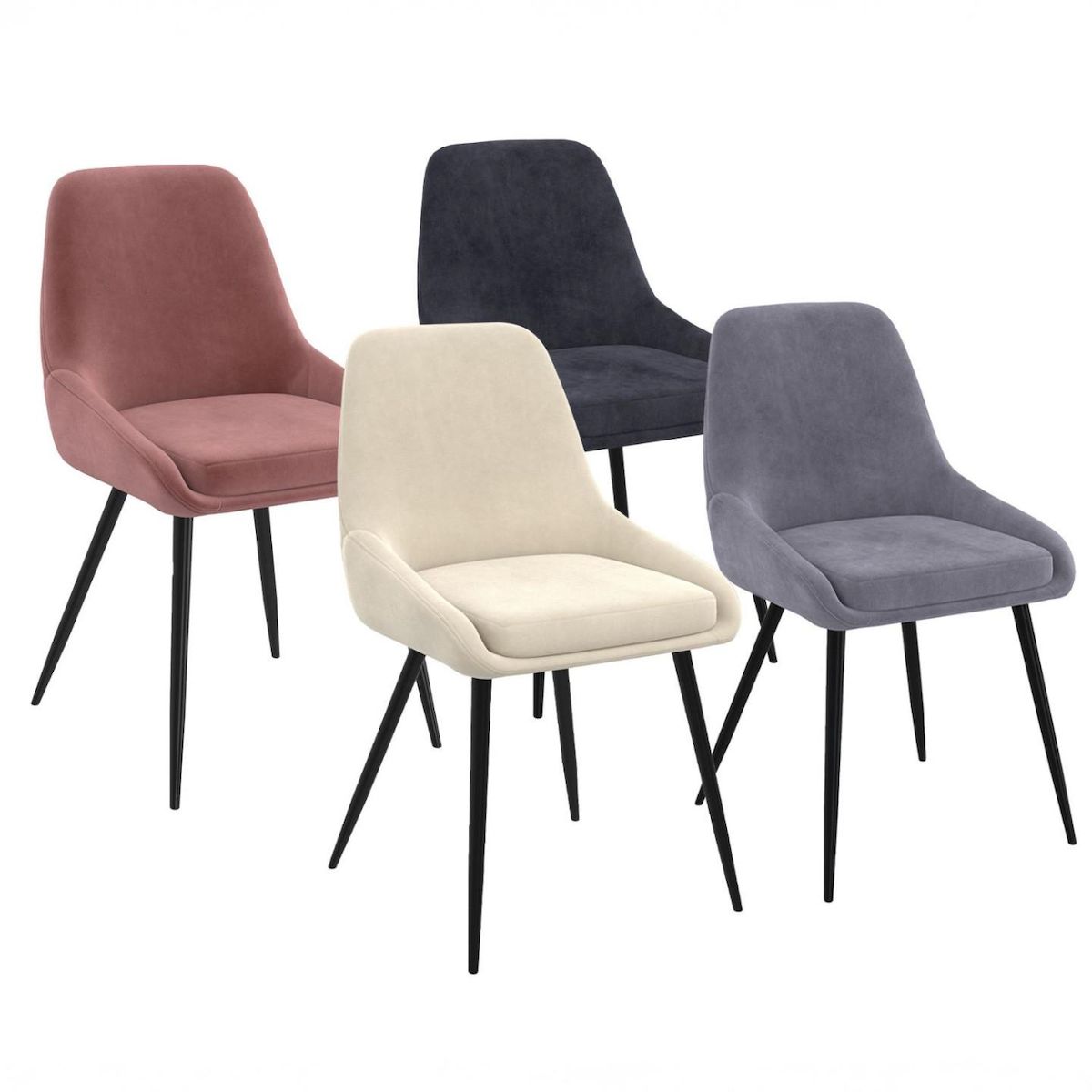 ID MARKET Lot de 4 chaises THALYA en velours mix color crème, gris clair, gris foncé, rose avec accoudoirs