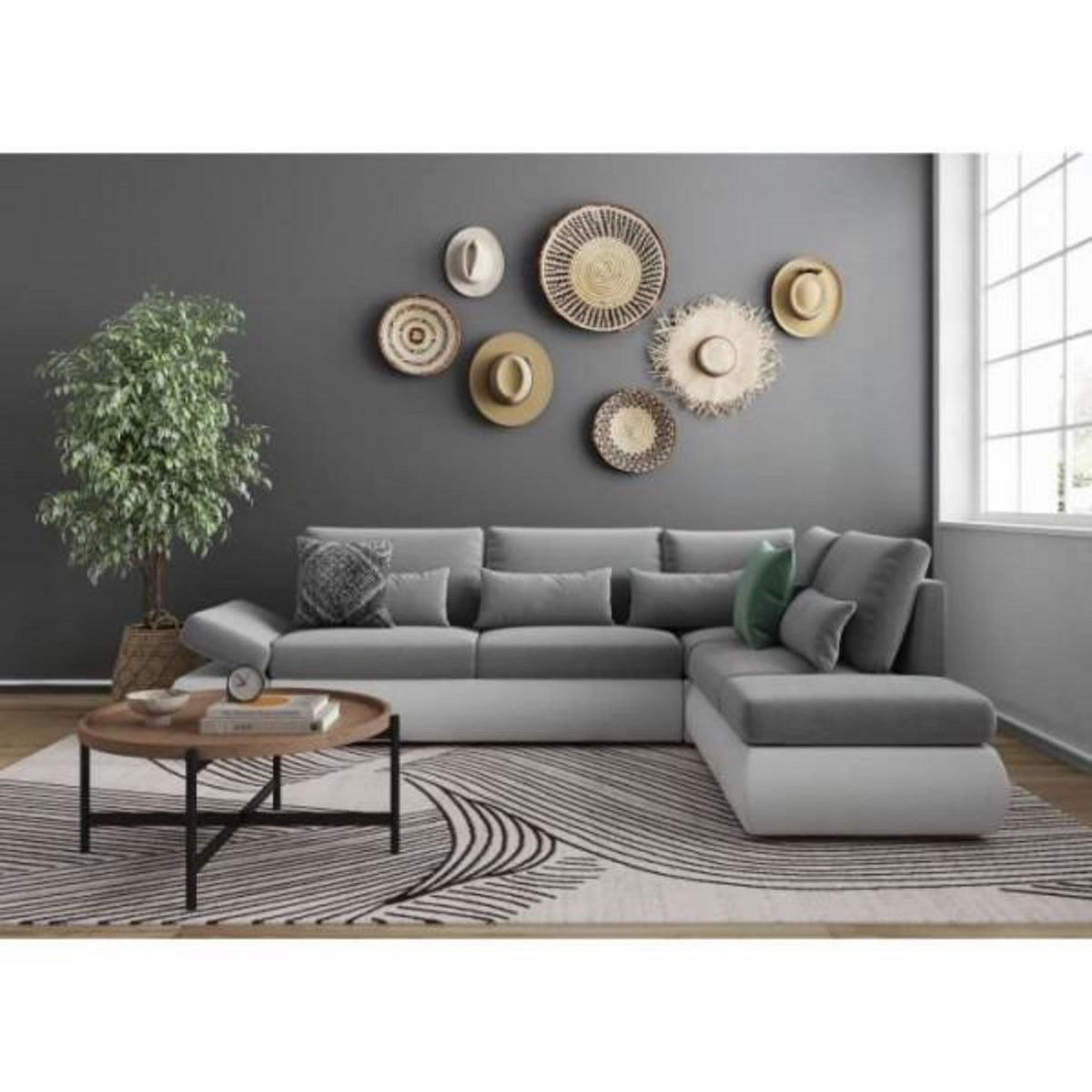 LOUNGITUDE Canapé d'angle réversible convertible SEVARA 4 places - PU blanc et tissu gris clair - Coffre de rangement - L267 x P200 x H90