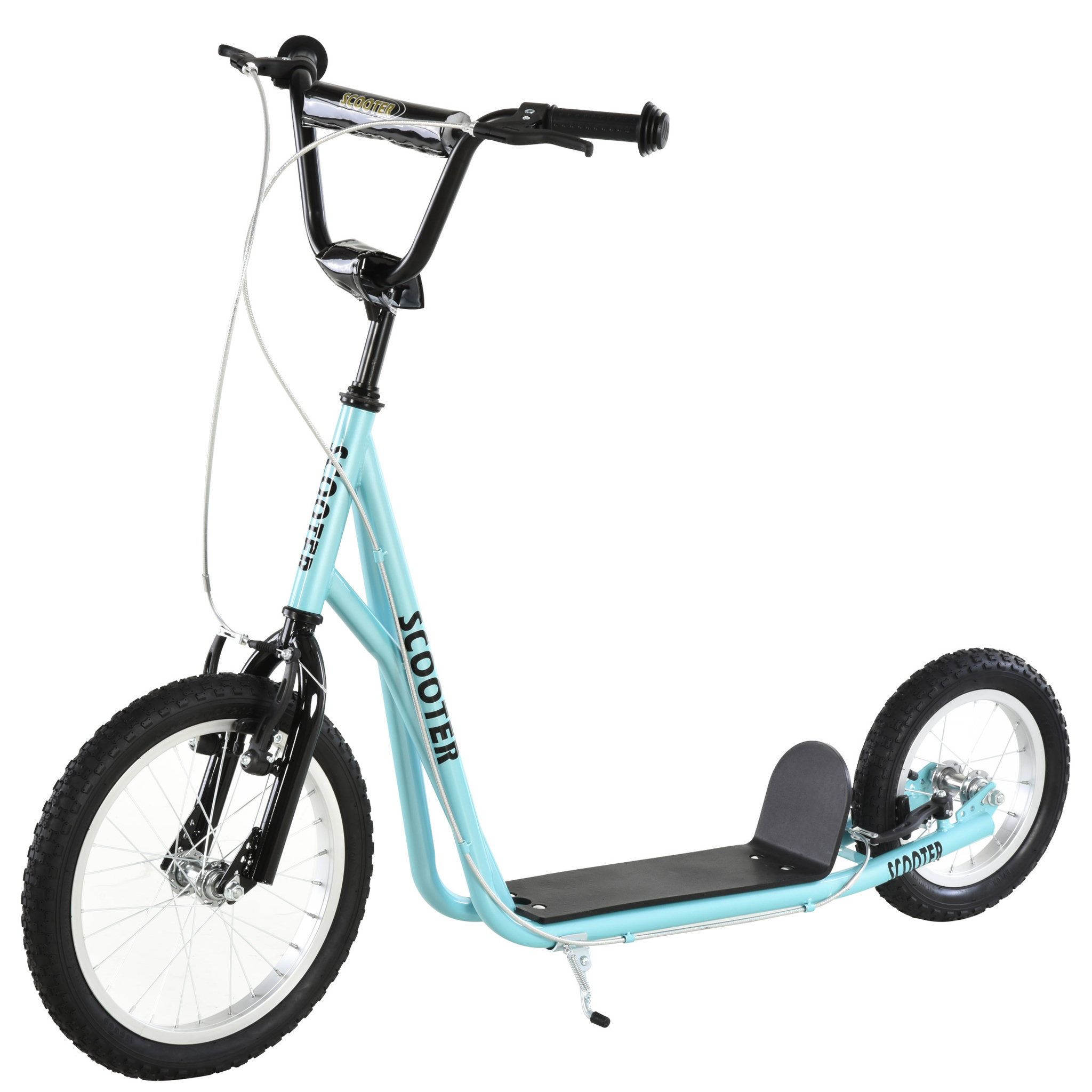Voir la diapositive 1 : HOMCOM Trottinette patinette freestyle grandes roues pneumatiques Ø 40 et 30 cm hauteur guidon réglable frein AV/AR béquille acier bleu ciel noir