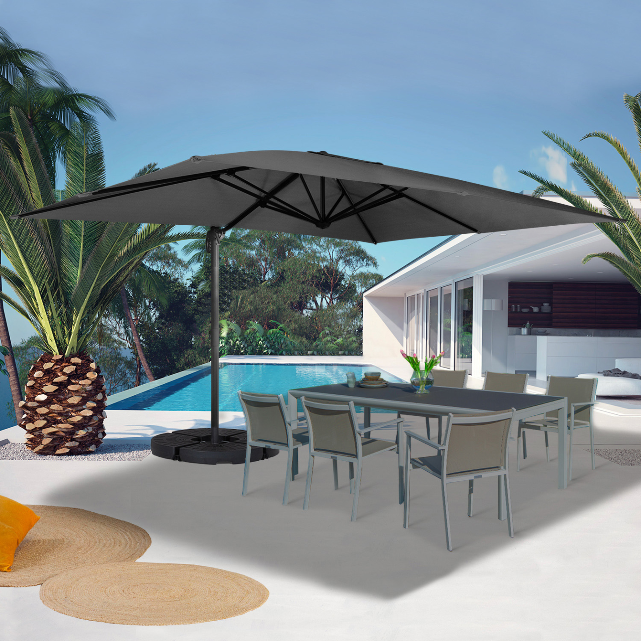 Voir la diapositive 2 : ID MARKET Parasol déporté inclinable rotatif 360 calvi gris 3x4 m avec 4 dalles et housse