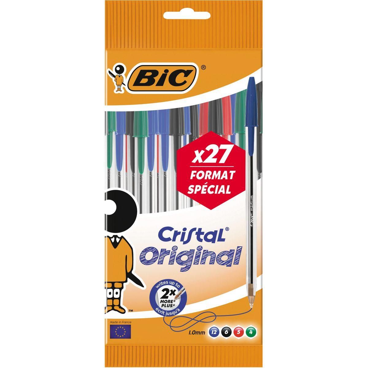 BIC Lot de 27 stylos bille pointe moyenne bleu/noir/rouge/vert Cristal Original