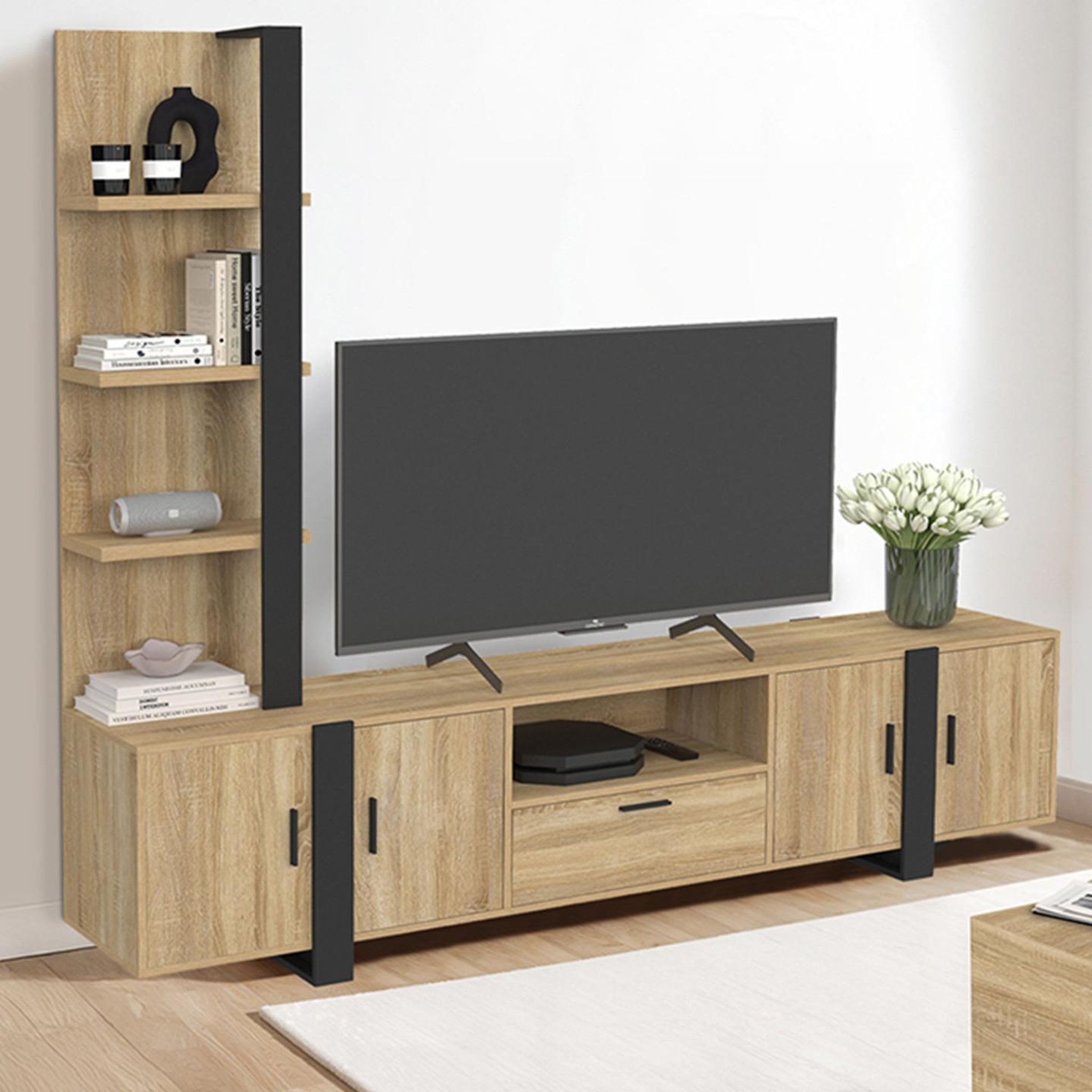 Voir la diapositive 2 : ID MARKET Ensemble meuble tv avec étagères et placard 200 cm phoenix bois et noir
