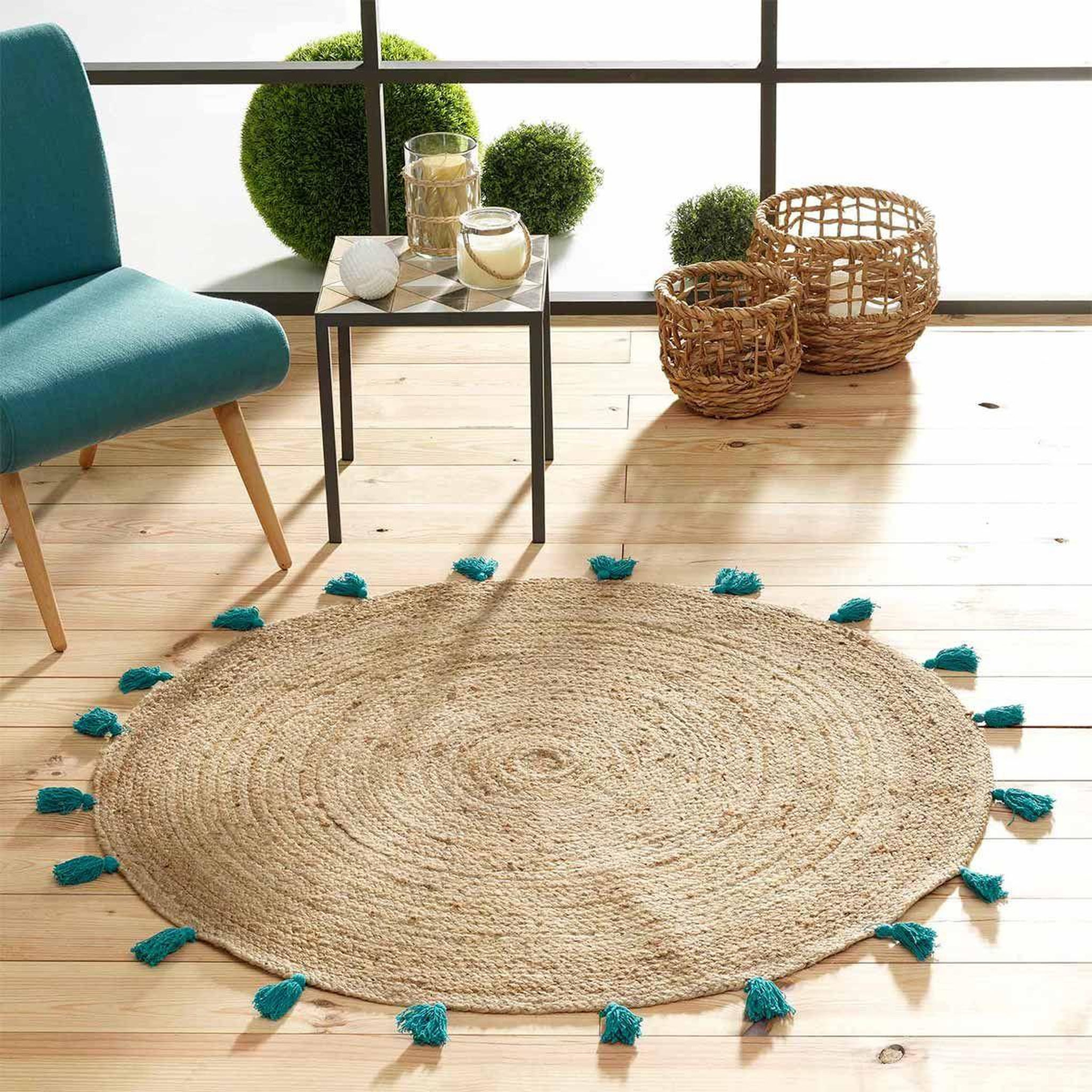 Voir la diapositive 5 : Douceur d'Intérieur Tapis déco rond en jute  shira  120cm turquoise