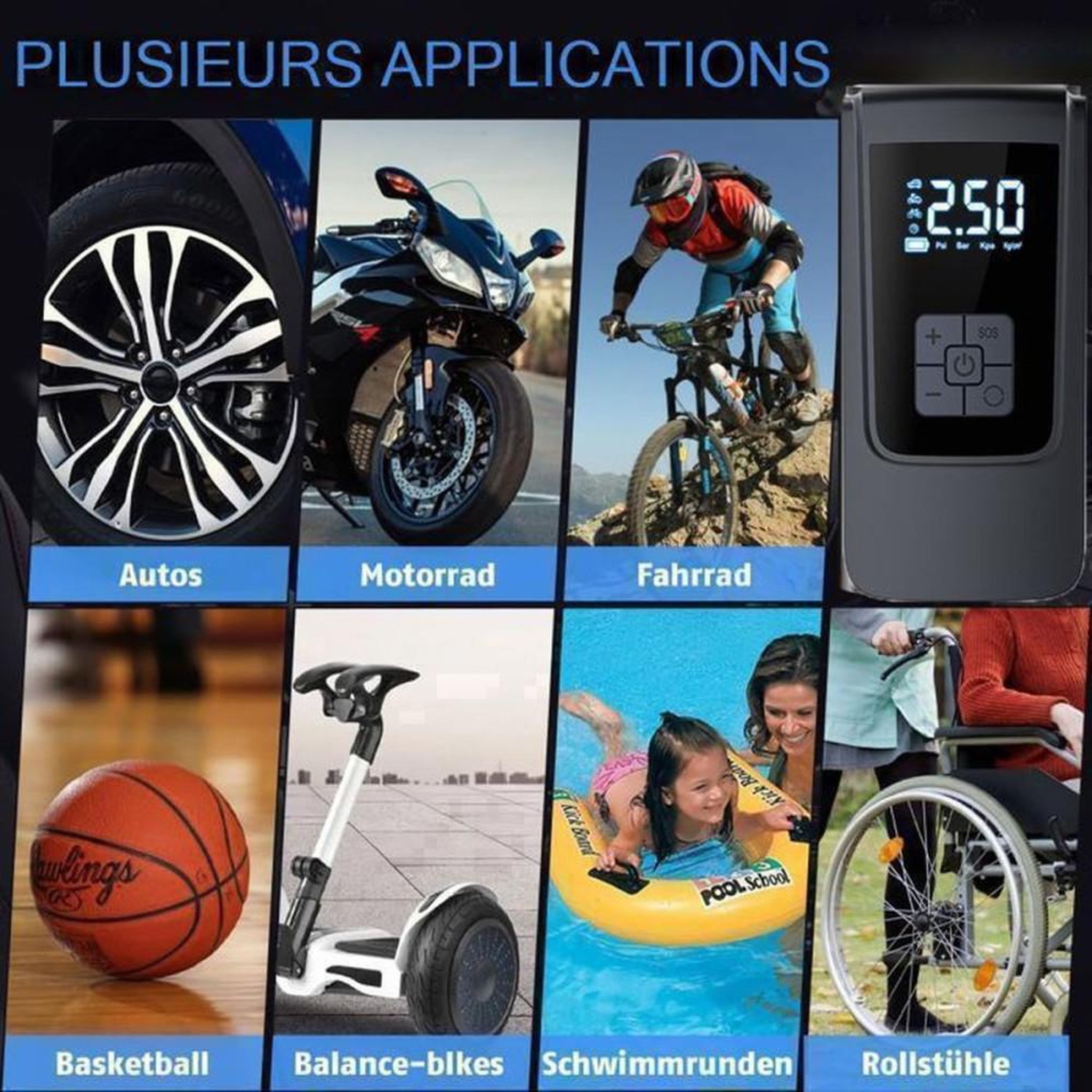 Voir la diapositive 6 : Gonfleur de pneus sans fil 150 PSI à écran LCD, 4 modes avec arrêt automatique et lampe LED, pompe électrique rechargeable USB 4000 mAh, valves universelles