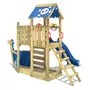 WICKEY Aire de jeux Portique bois SpookyFlyer avec toboggan bleu Cabane enfant extérieure avec bac à sable, échelle d'escalade & accessoires de jeux