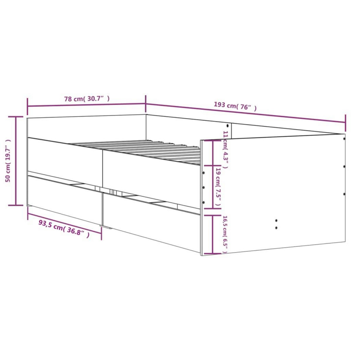 VIDAXL Cadre de lit sans matelas chene fume 75x190 cm