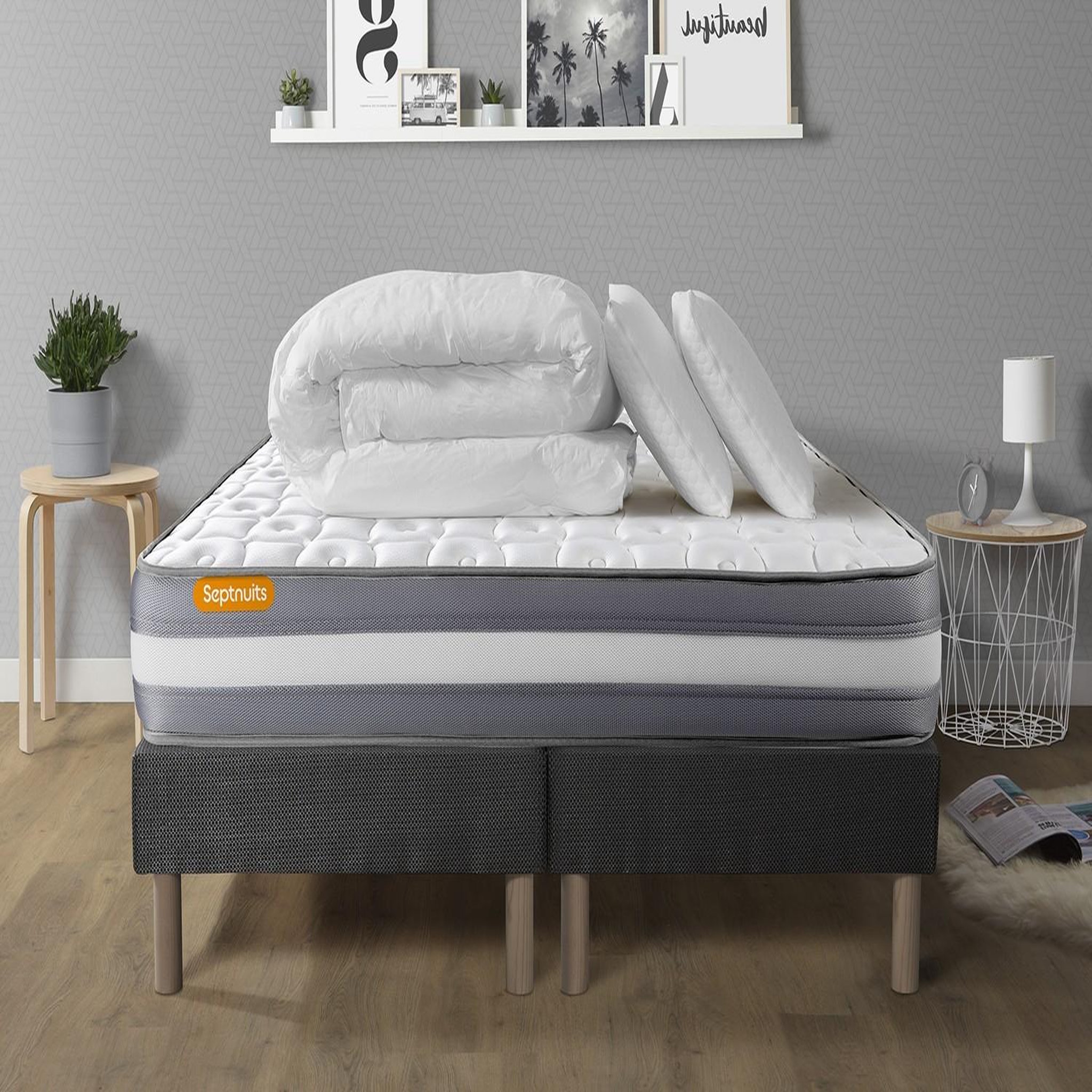 SEPTNUITS PACK matelas + double sommier gris Memo Plus Mémoire de forme 3 zones + 2 oreillers + couette. Coloris disponibles : Gris