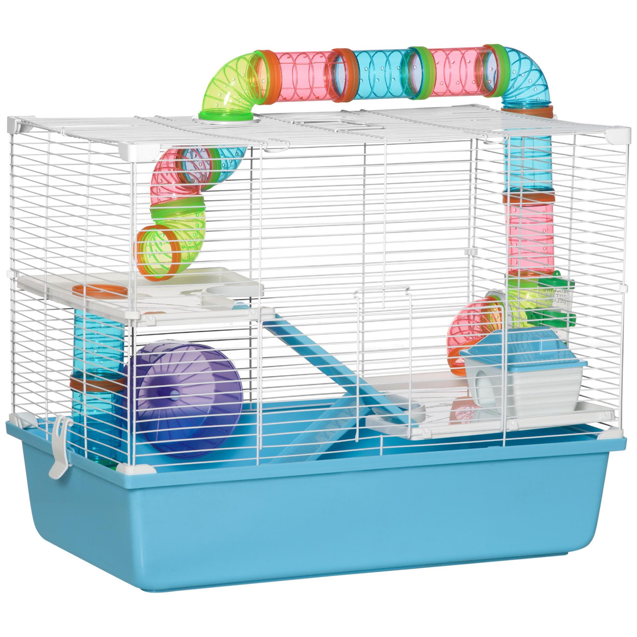 PAWHUT Cage à hamsters 3 niveaux - tunnel, abreuvoir, roue, maisonnette, échelles - dim. 59L x 36l x 47H cm - métal PP bleu blanc