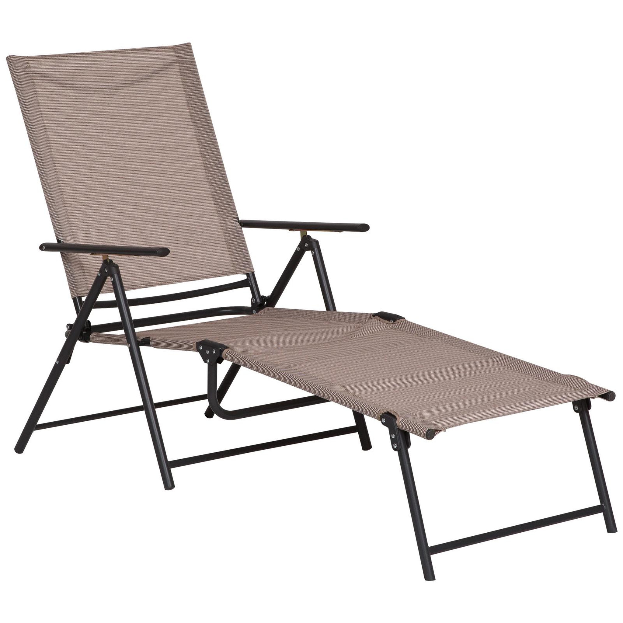 Voir la diapositive 1 : OUTSUNNY Bain de soleil pliable transat inclinable 5 positions chaise longue grand confort avec accoudoirs dim. 152L x 65l x 100H cm métal époxy textilène sable