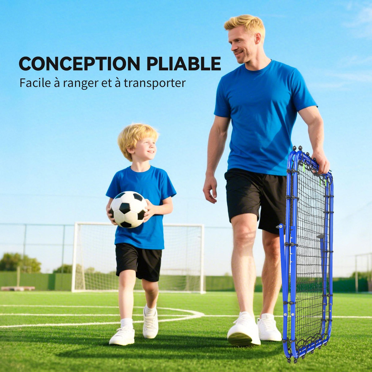 HOMCOM Filet de rebond double face pliable réglable 91 x 91 cm - rebondisseur football - acier PE bleu