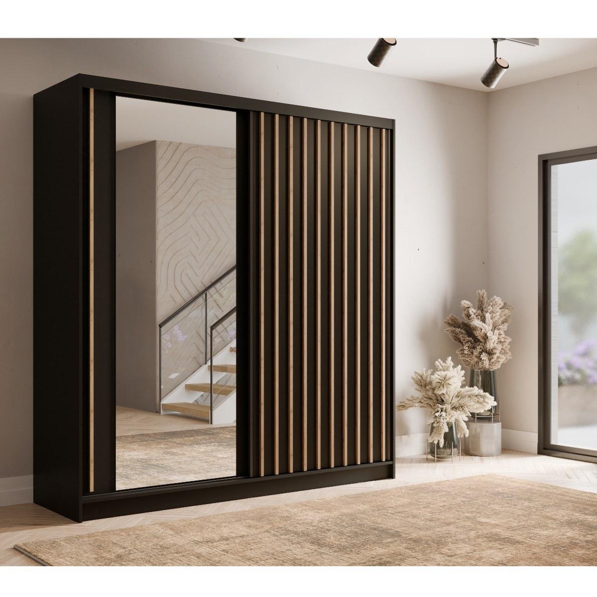 Voir la diapositive 2 : JLC KREATION Armoire dressing coulissant noir et bois 205cm celia