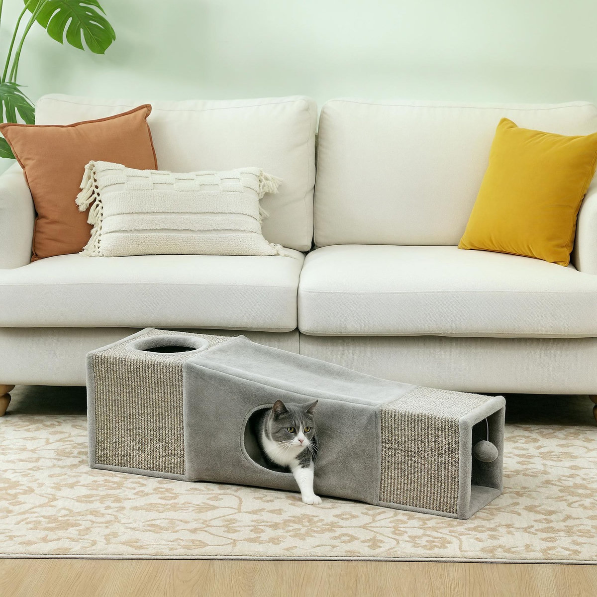 PAWHUT Tunnel grattoir niche modulable pour chat 3 en 1 - jeu balle suspendue - 4 entrées - peluche sisal gris