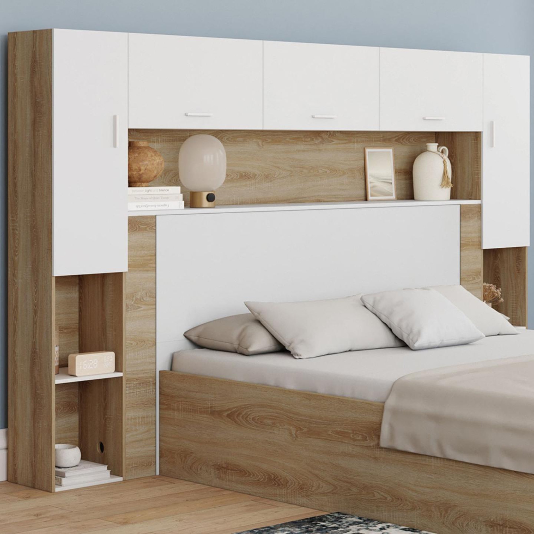 Voir la diapositive 2 : ID MARKET Pont de lit bridget 226 cm avec rangements bois et blanc