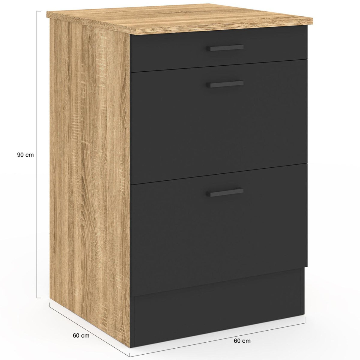 ID MARKET Meuble bas de cuisine 60 cm SUBTIL appoint casserolier 3 tiroirs bois et noir