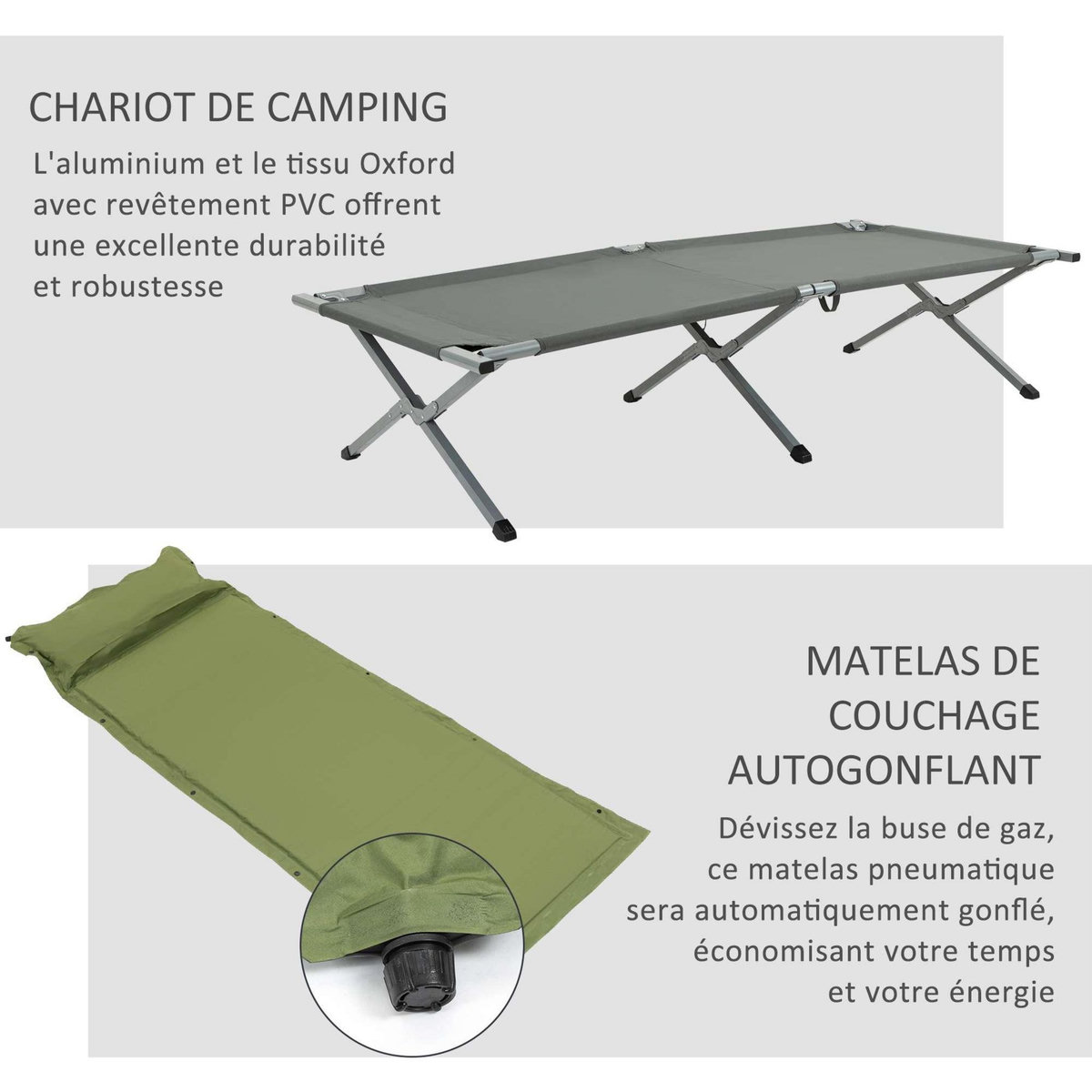OUTSUNNY Ensemble tente de camping 3 en 1 avec lit de camp, tente, matelas gonflable gris