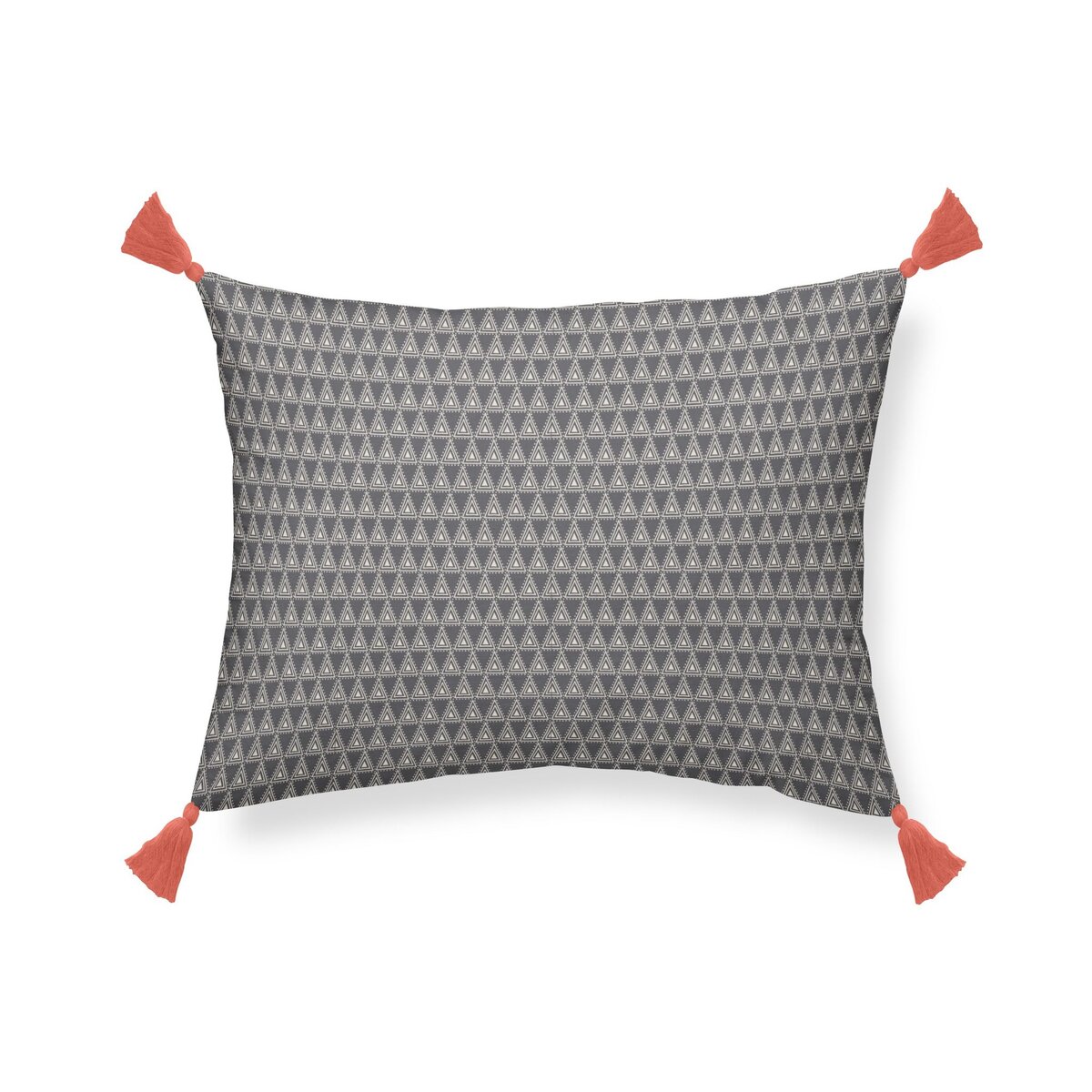 Coussin rectangle en coton avec pompons et micro motifs ethniques triangles
