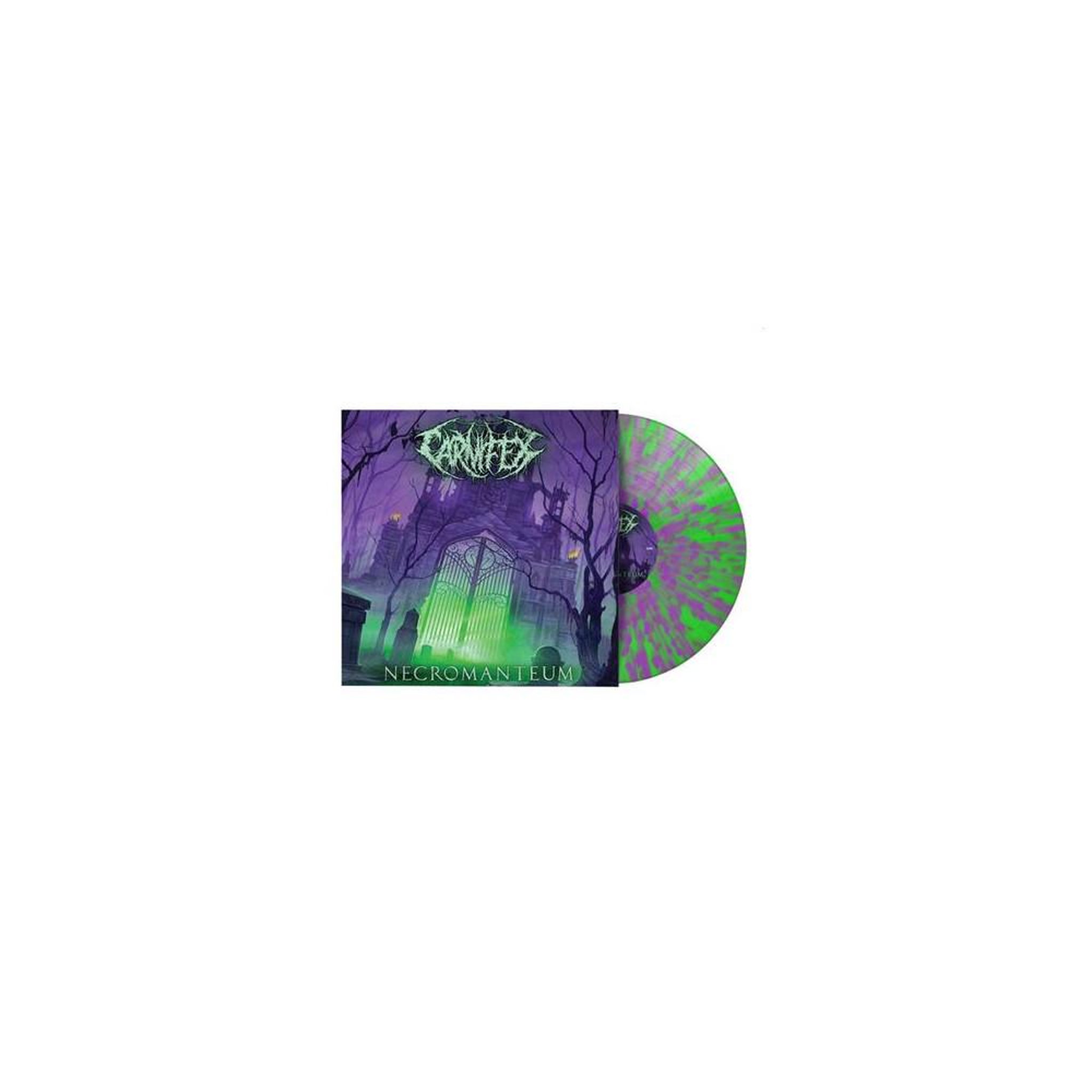 Vinyle coloré lp heavy metal necromanteum – vert fluo et éclats violets, intérieur violet bicolore