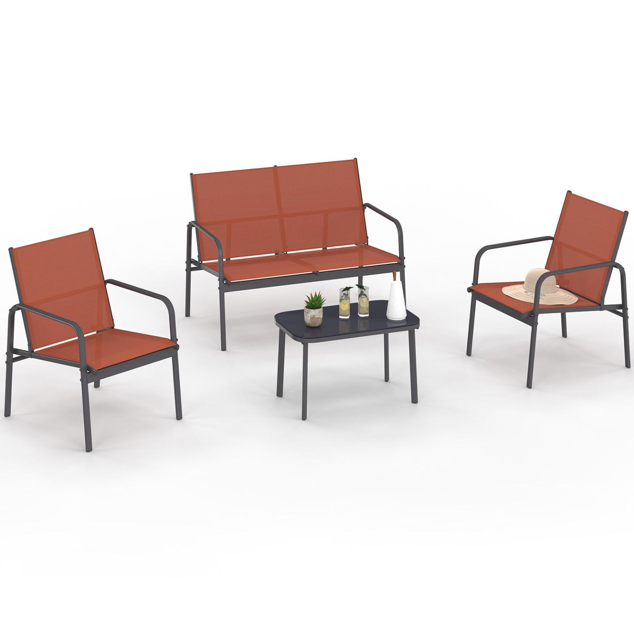 ID MARKET Salon de jardin bas TOLEDE 4 places avec canapé, fauteuils et table terracotta