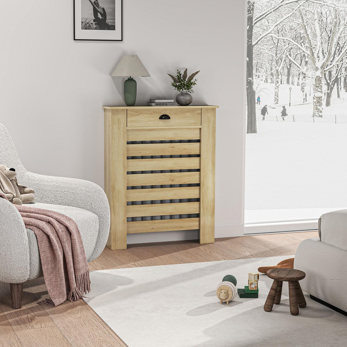 HOMCOM Couvercle de radiateur, cache radiateur, grille à lattes horizontales, avec tiroir, 78 x 19 x 95,5 cm, couleur aspect bois